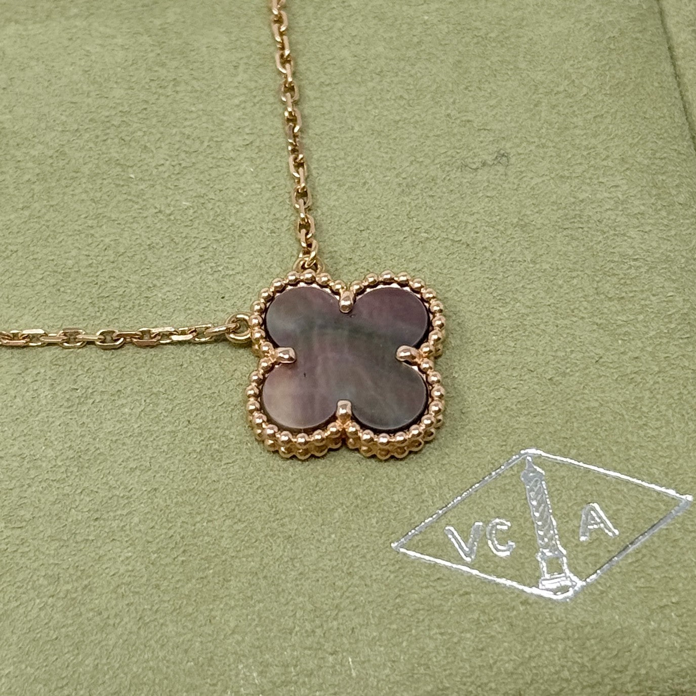 Van Cleef & Arpels Grey Mother of Pearl Vintage Alhambra Pendant Necklace - Elegant Jewelry Gift for Women, Perfect for Weddings & Special Occasions