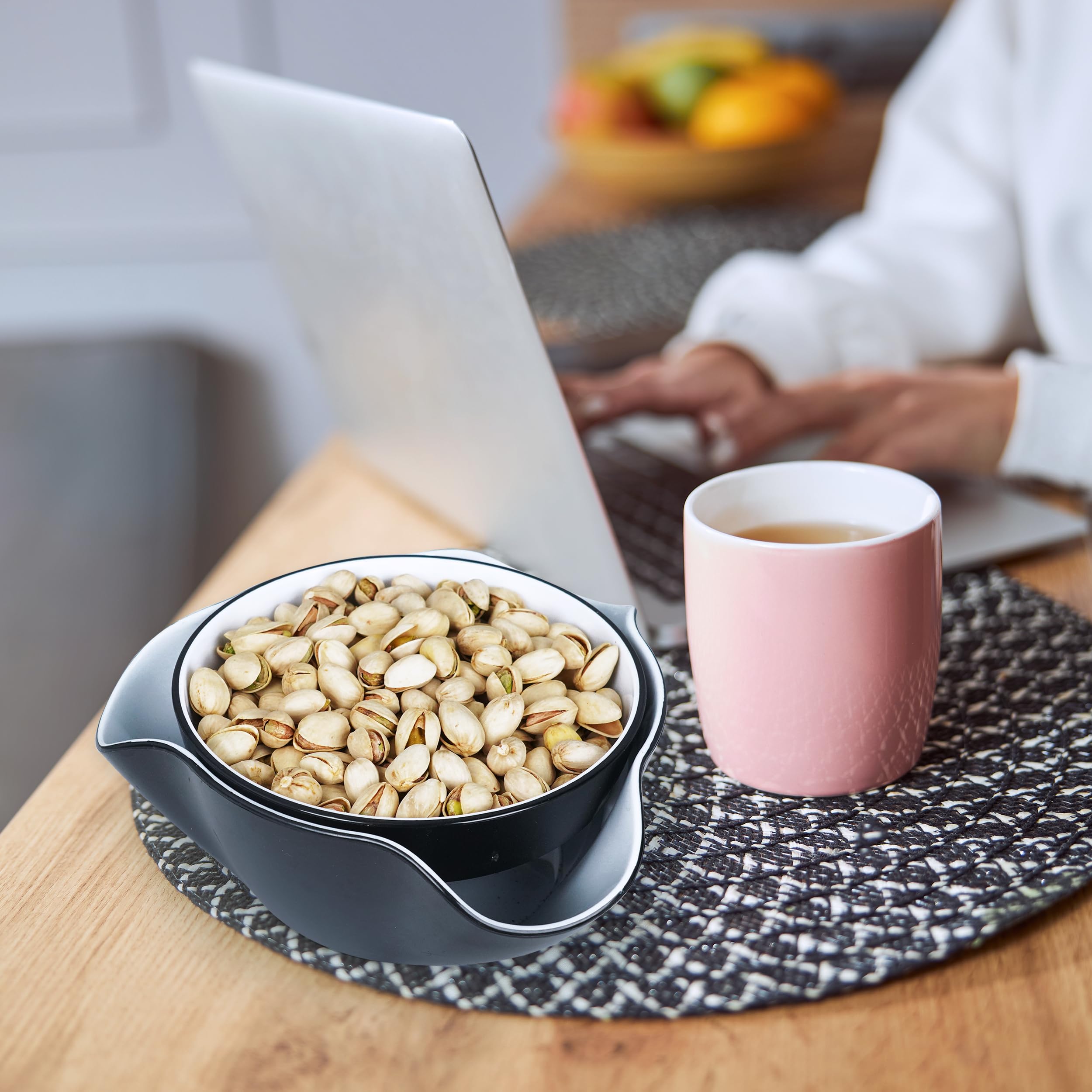 Premium Pistachio Bowl - Double Dish Nut & Snack Serving Bowl with Shell Storage - Perfect for Pistachios, Peanuts, Popcorn, Fruits & Candy - Ideal for Parties, Movie Nights & Family Snack Time - Black & White Design