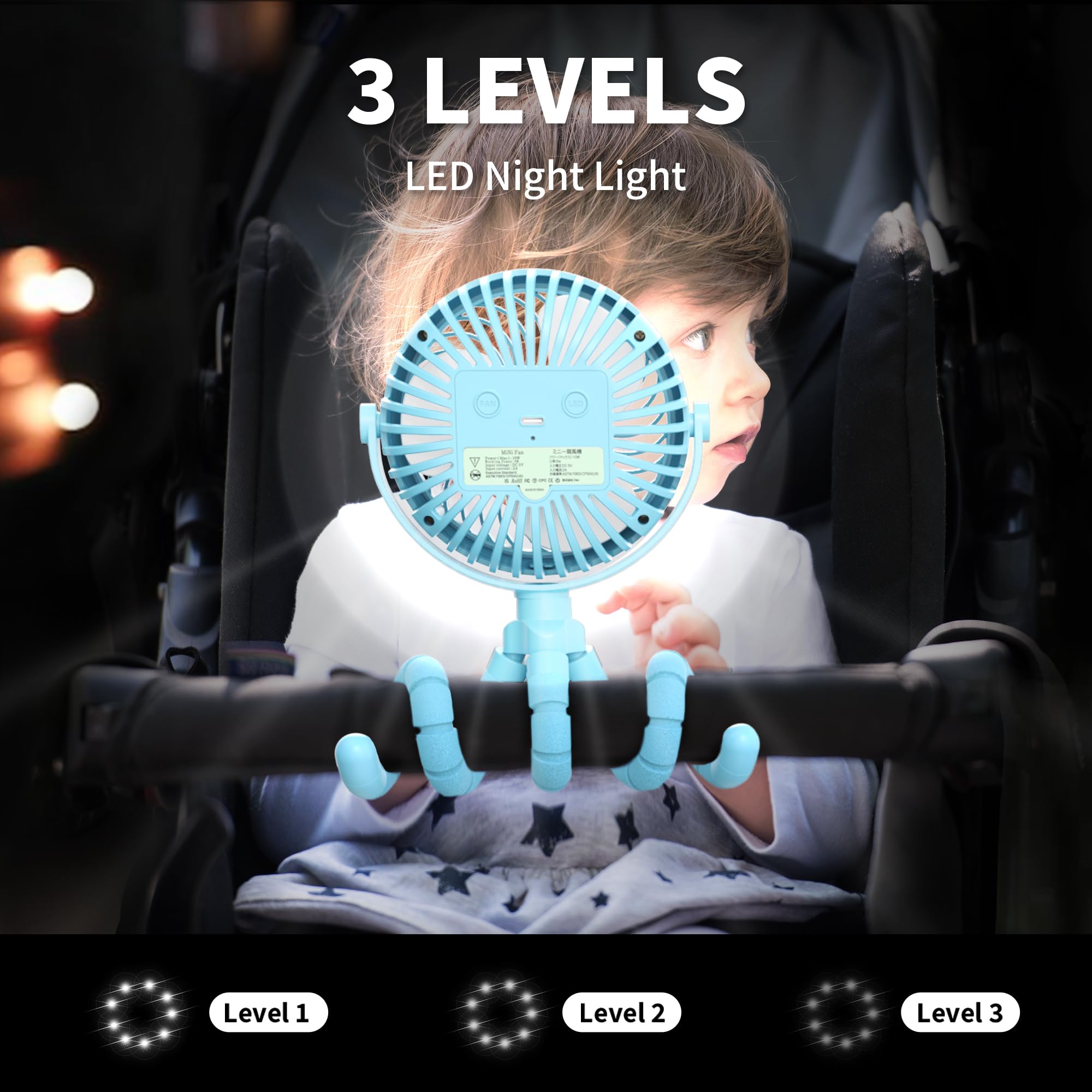 AMACOOL Rechargeable Stroller Fan with Flexible Tripod - 3 Speed Adjustable, 360° Rotatable Clip On Fan for Baby Stroller, Car Seat, Crib, Bike & Treadmill | Portable Personal Cooling Fan for Indoor & Outdoor Use (Blue)