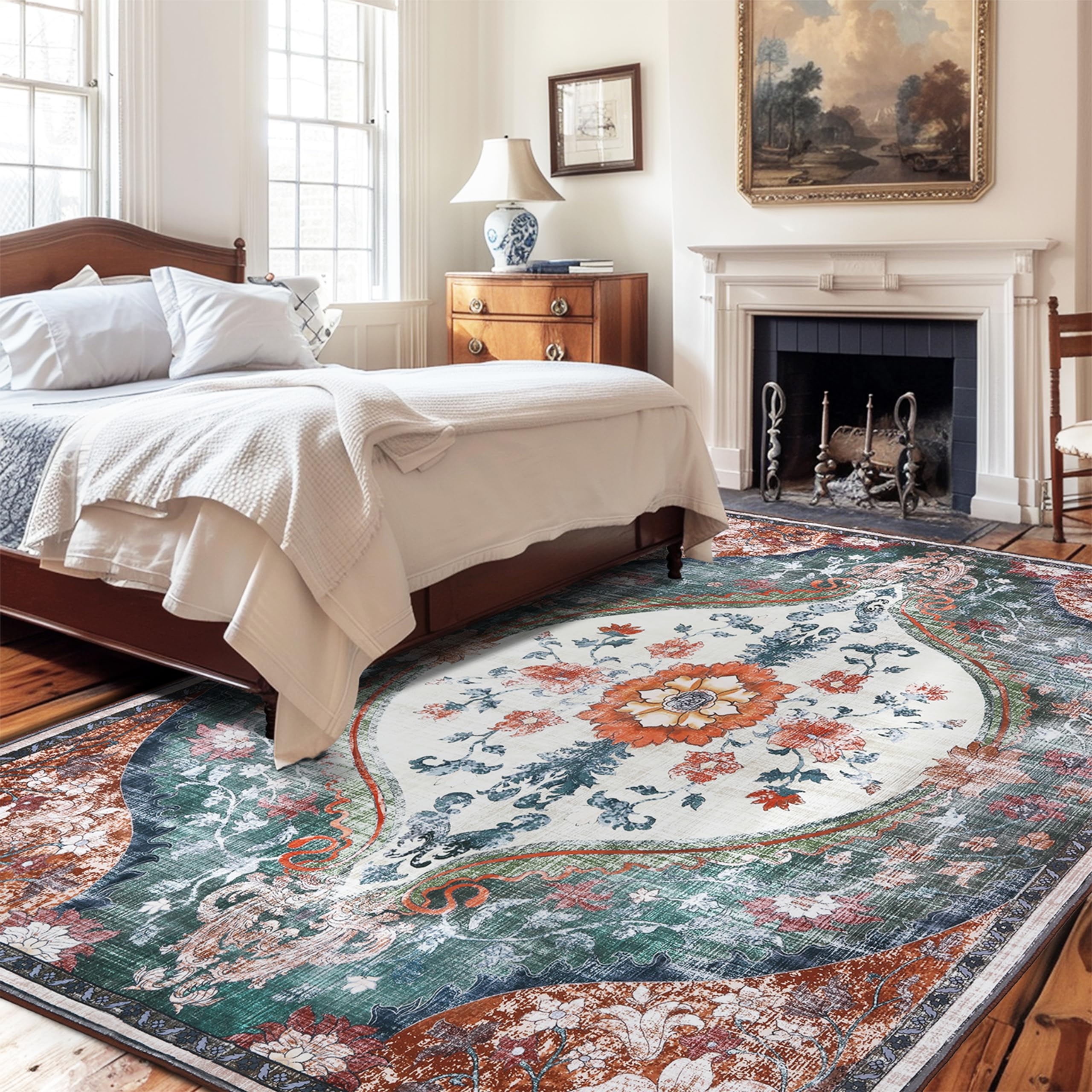 8x10ft Boho Washable Non-Slip Area Rug - Distressed Printed Carpet for Living Room, Dining Room, Bedroom & Playroom | Indoor Home Decor (Beige/Orange) | Perfect for Bohemian Style Homes & Cozy Spaces