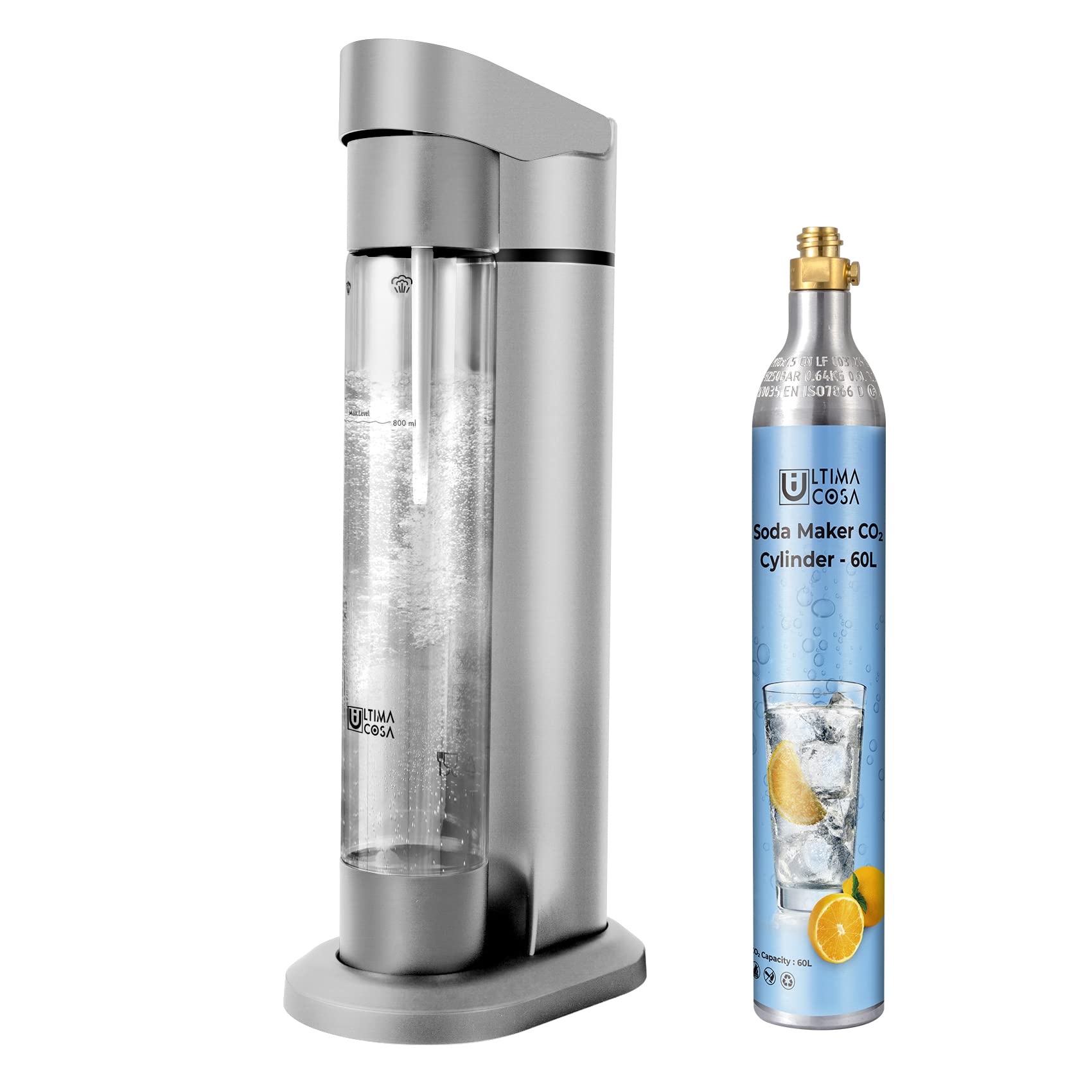 Sparkling Soda Maker with CO2 Cylinder - BPA-Free Home Carbonated Drink Machine for Homemade Sparkling Water, Juice & Coffee | Includes 1LB CO2 & Reusable Bottle (Silver) | Perfect for Parties, Healthy Drinks & DIY Beverages