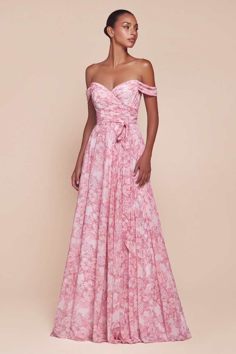 Ladivine 7441 Off Shoulder Satin Floral Printed A Line Dress for Women - Elegant Summer Party Cocktail Dress for Wedding Guest, Date Night & Special Occasions