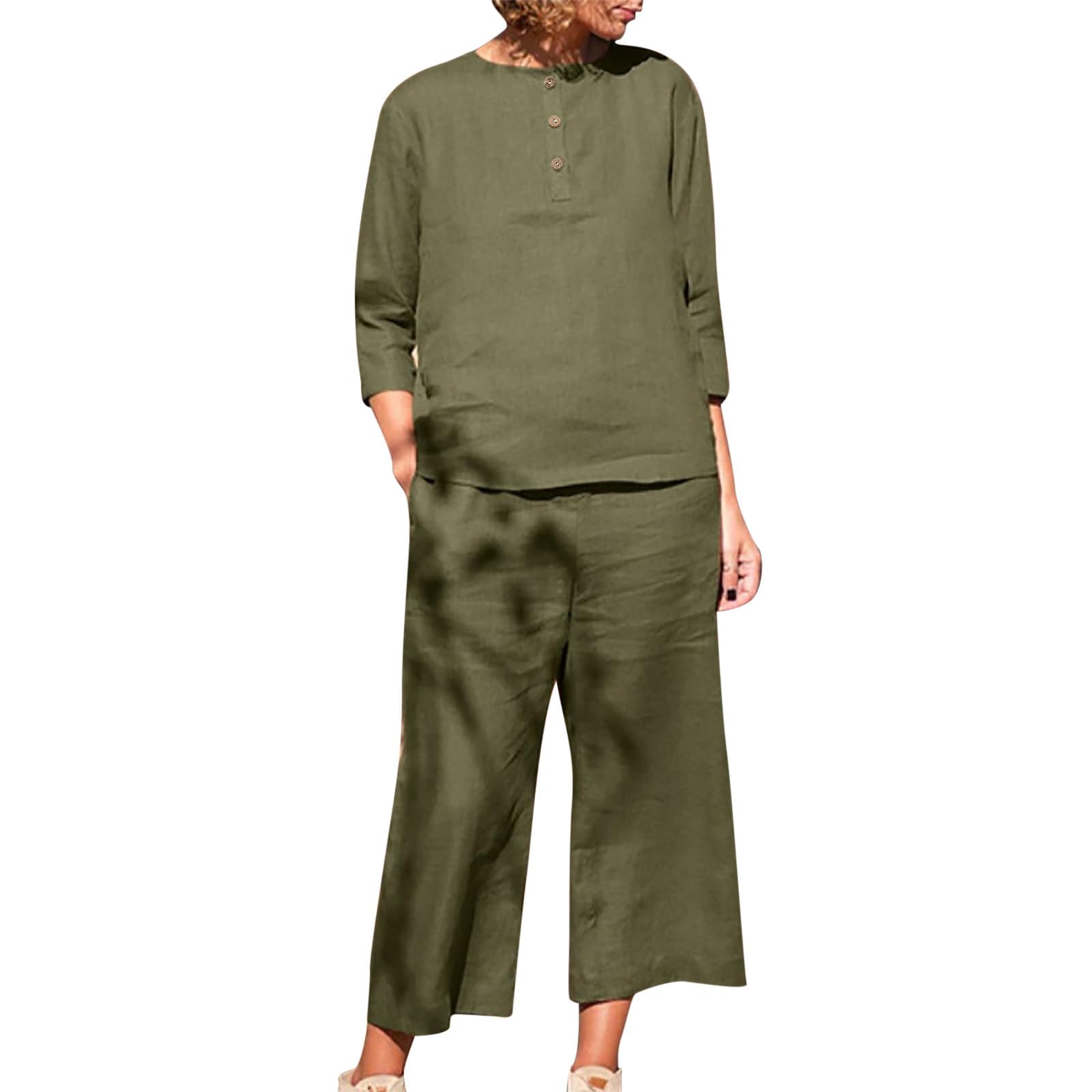 Oelaio 2024 Women's Plus Size Summer 2 Piece Outfit - Cotton Linen 3/4 Sleeve Shirt & Wide Leg Pants Lounge Set - Solid Color Trendy Travel Vacation Outfit for Casual Wear, Beach, and Relaxing at Home