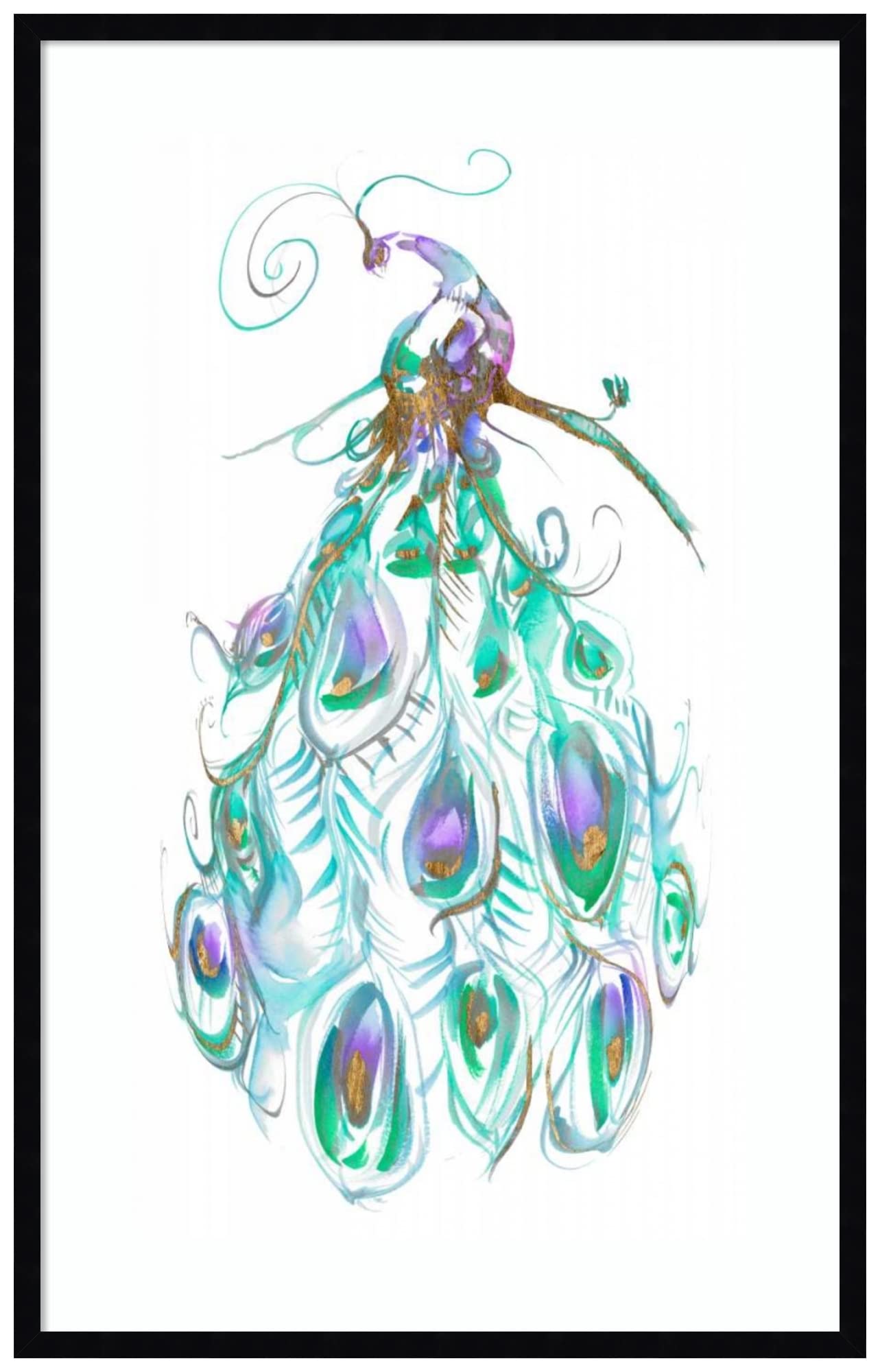 Amanti Art Framed Wall Art Print 41x26 - Gilded Peacock Plumes by Jennifer Goldberger | Animal Wall Decor | Modern Contemporary Painting for Living Room, Bedroom, Bathroom | Large Poster Artwork for Home & Office Decor