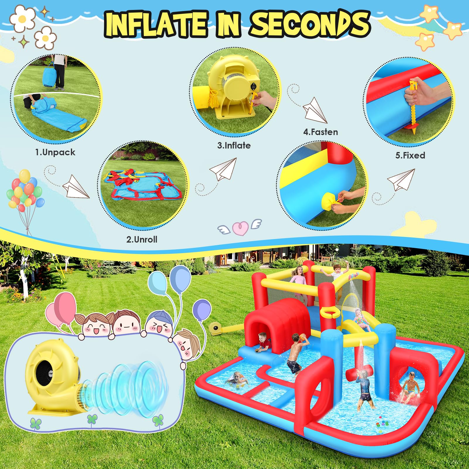 Whubefy 14.3x14.3Ft Inflatable Water Slide Bounce House for Kids Ages 3-12 | Large Backyard Water Park with Obstacle Course, Pool & Sprinkler | Perfect for Summer Parties, Birthdays & Outdoor Family Fun