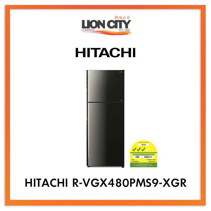 Hitachi 407L 2-Door Refrigerator R-VGX480PMS9 XGR - Energy Efficient Compact Fridge for Apartments, Dorms & Small Kitchens