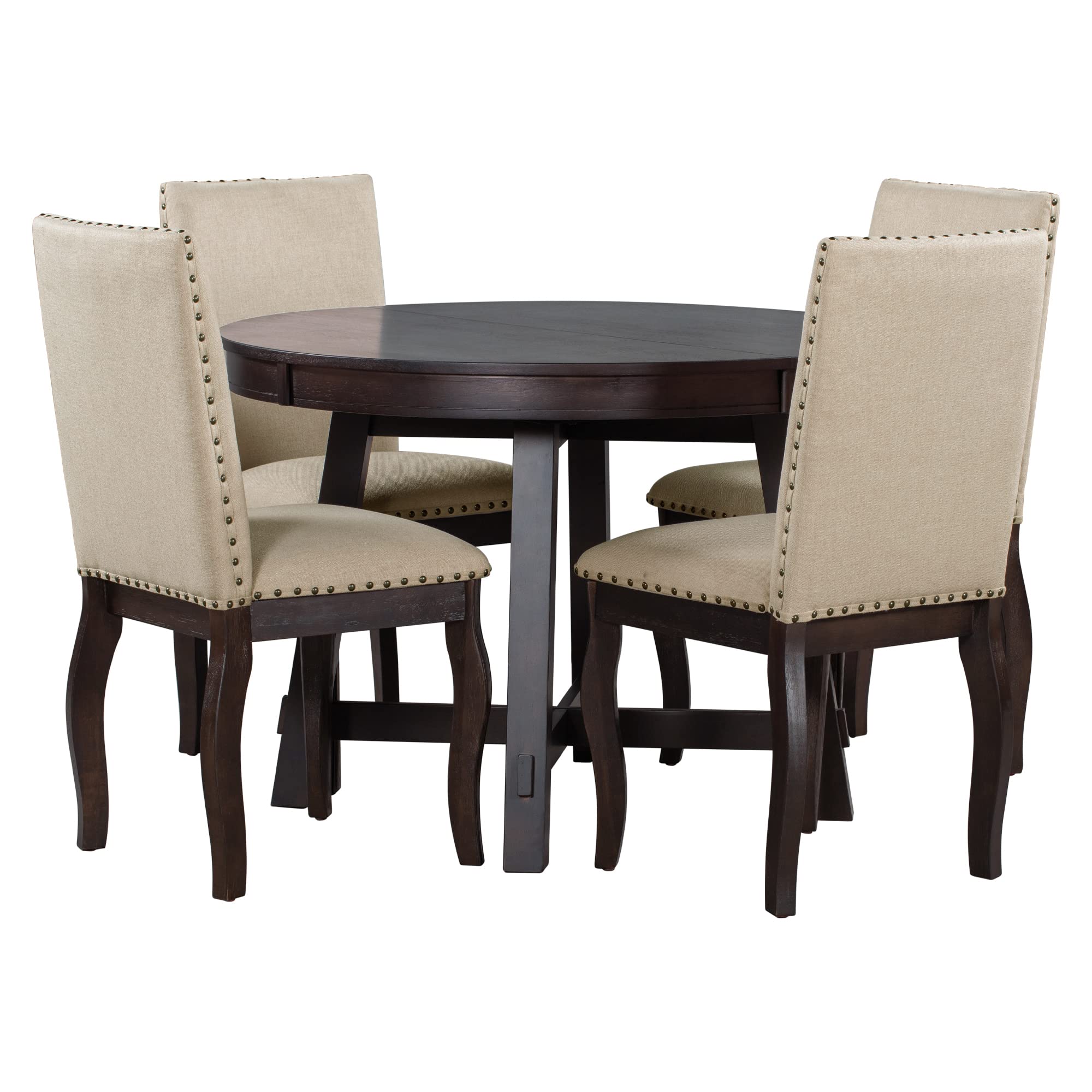 Polibi 5-Piece Farmhouse Dining Set - Espresso Wooden Round Extendable Table & 4 Upholstered Chairs, Perfect for Small Spaces & Family Gatherings