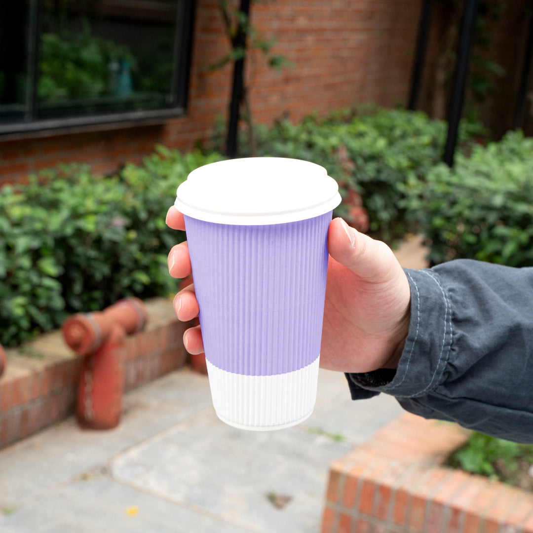 16 oz Light Purple Ripple Wall Disposable Coffee Cups with White Lids - 200 Count Bulk Pack (3.5