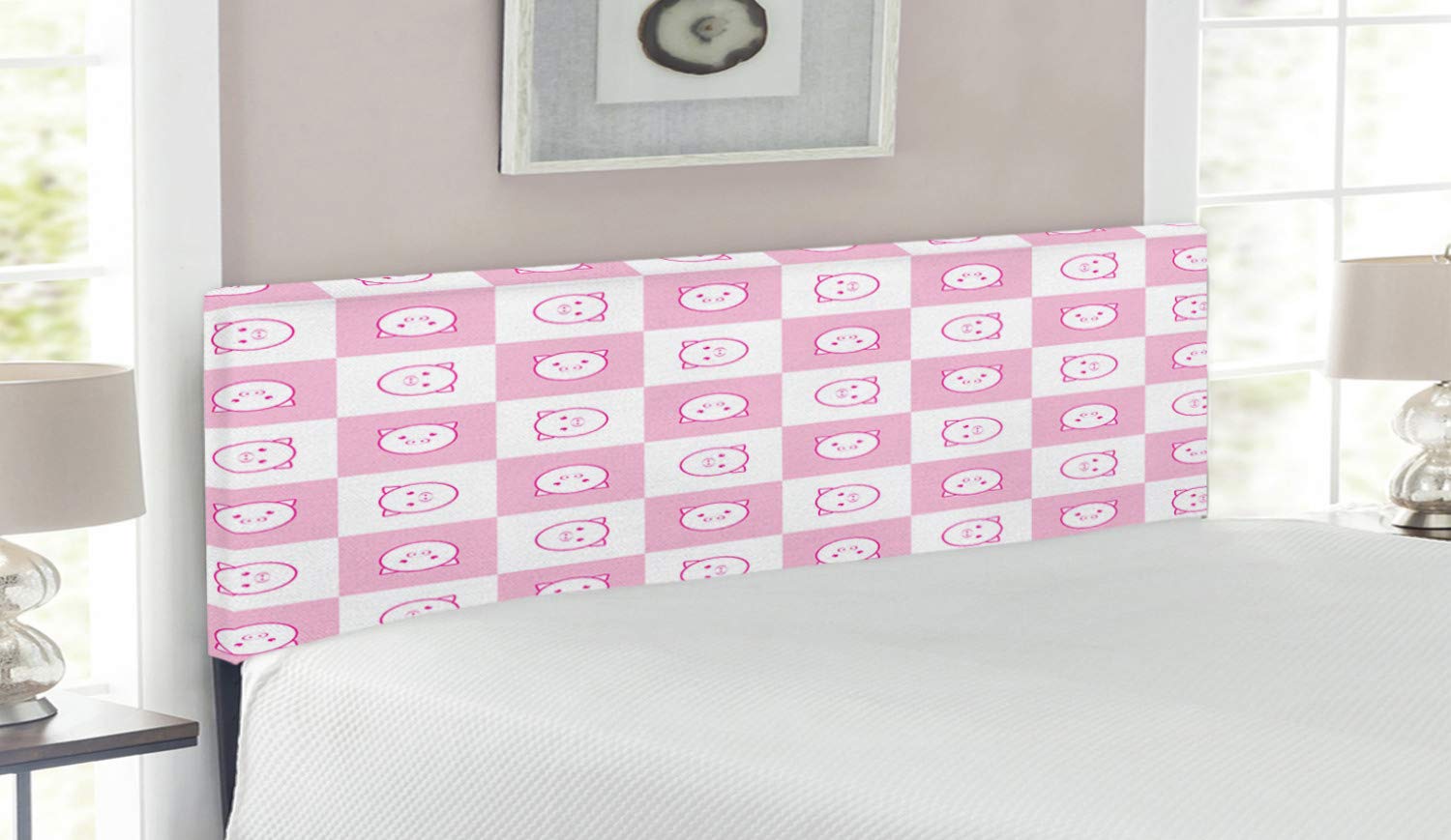 Ambesonne Checkered Upholstered Headboard with Funny Piggy Faces - Queen Size Decorative Metal Bed Frame with Memory Foam for Girls' Room | Perfect for Teen Bedroom, Nursery & Farmhouse Decor