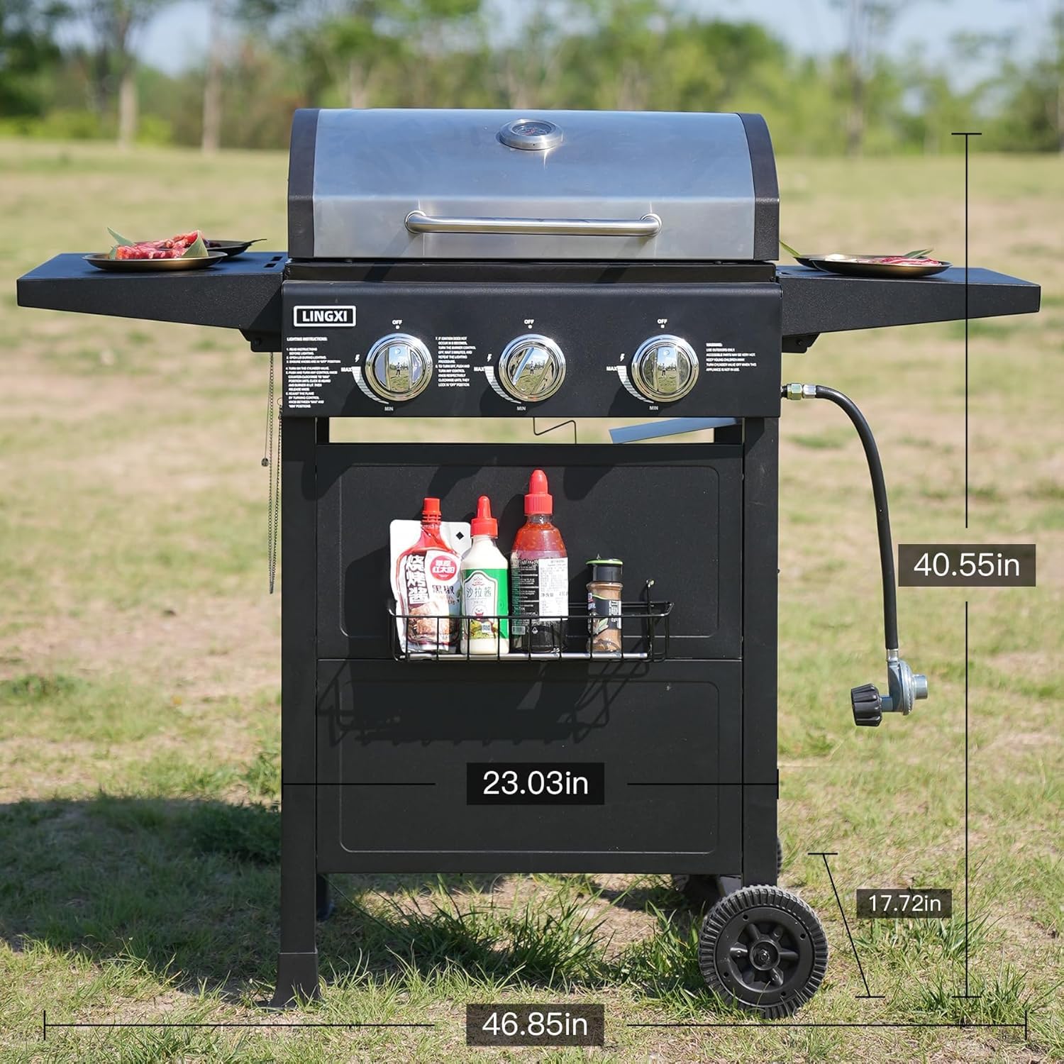 3-Burner Propane Gas Grill with Front Hanging Basket - 30,000 BTU Outdoor BBQ Grill for Backyard, Patio, Garden & Camping - Perfect for Family Cookouts, Tailgating & Summer Barbecues
