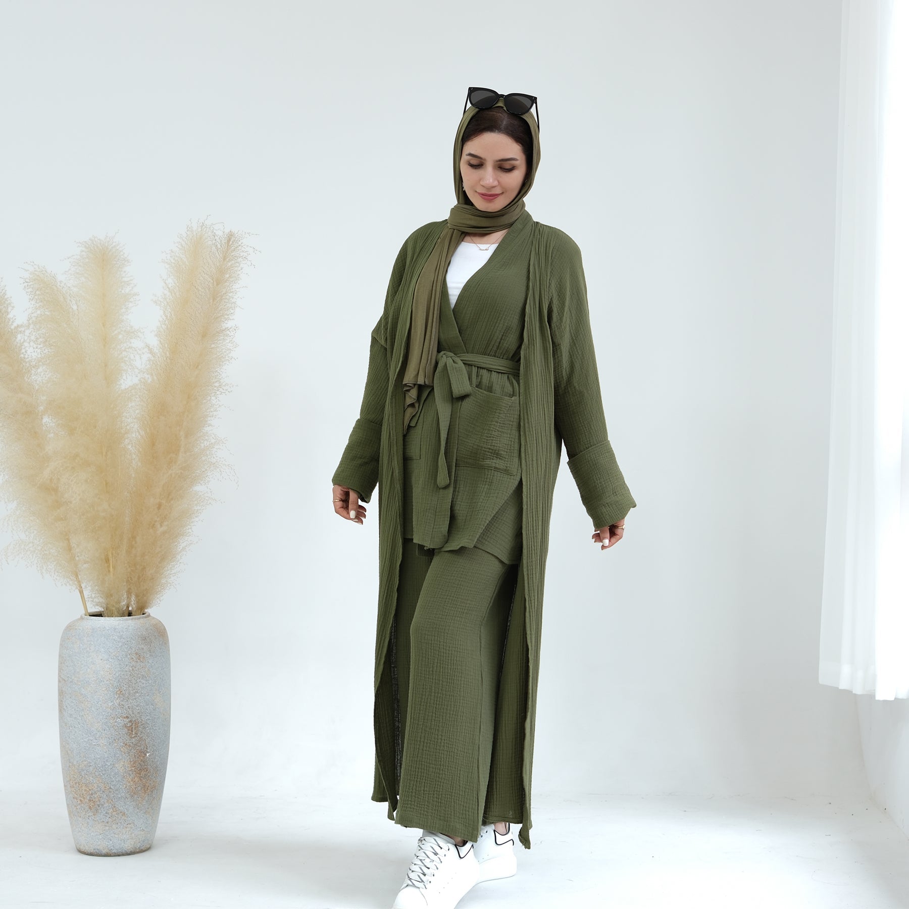 Soft Cotton Waffle 4-Piece Lounge Set for Women - Olive Green Cozy Outfit | Perfect for Home Relaxation, Yoga & Casual Wear