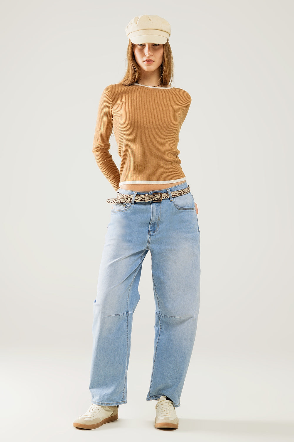 Casual Ribbed Camel Pullover with White Trim Details - Perfect for Fall Layering & Cozy Outfits