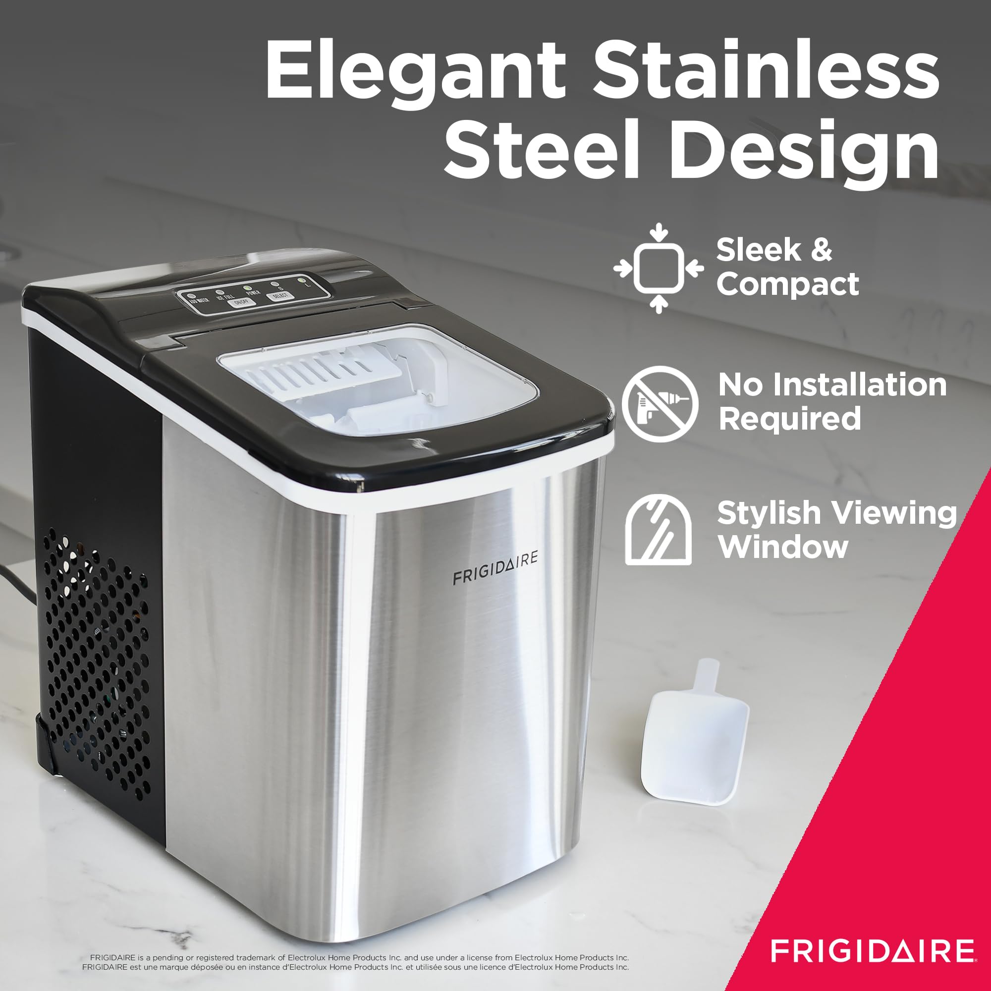 Frigidaire Compact Countertop Ice Maker - 26 lbs Daily Output, Bullet Ice Cubes, Stainless Steel - Perfect for Home Bars, Offices, and Small Kitchens