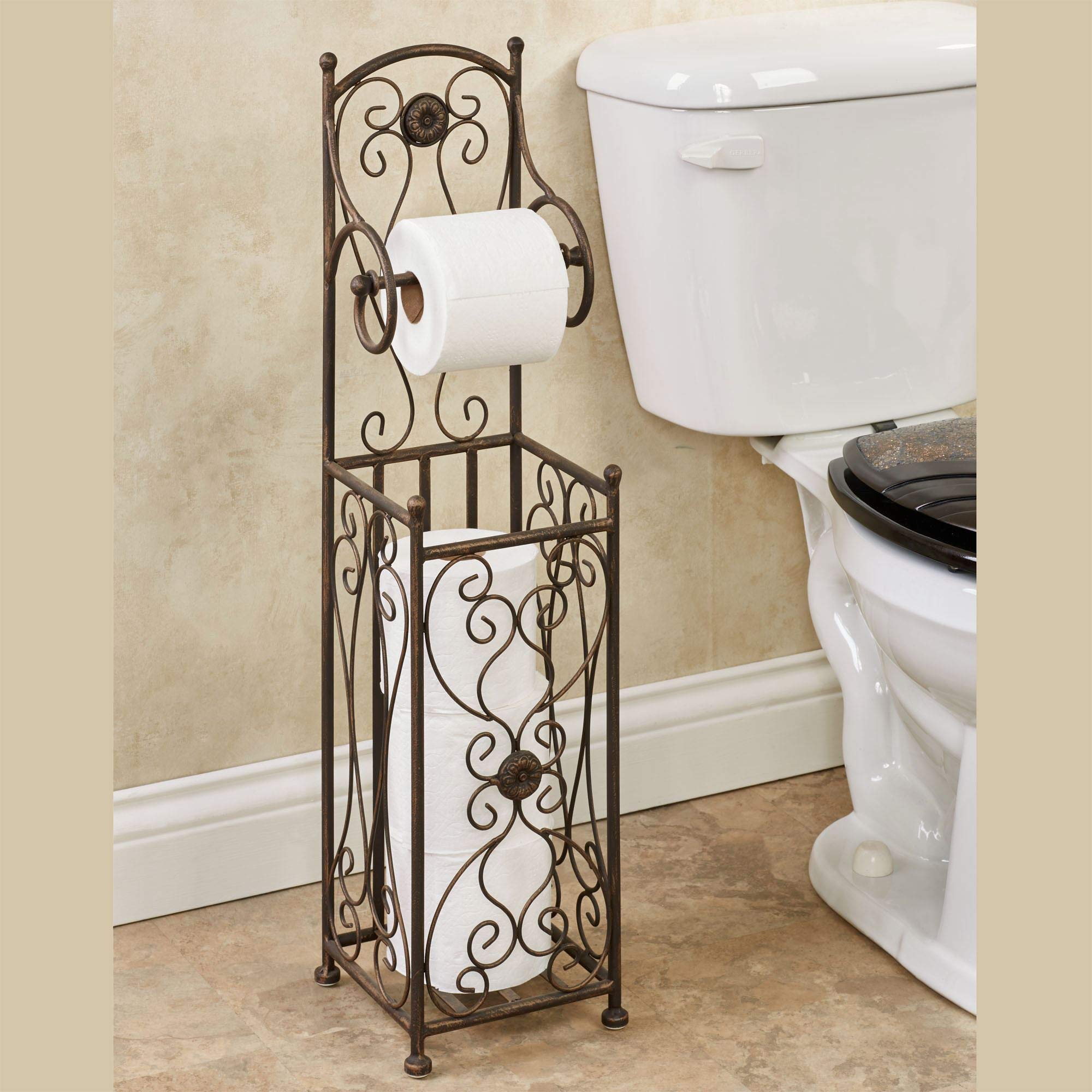 Kadalynn Antique Bronze Metal Toilet Paper Stand - Freestanding 4-Roll Holder for Bathroom & En Suite - Handcrafted Functional Bathroom Organizer - Perfect for Vintage Style Home Decor & Small Space Storage