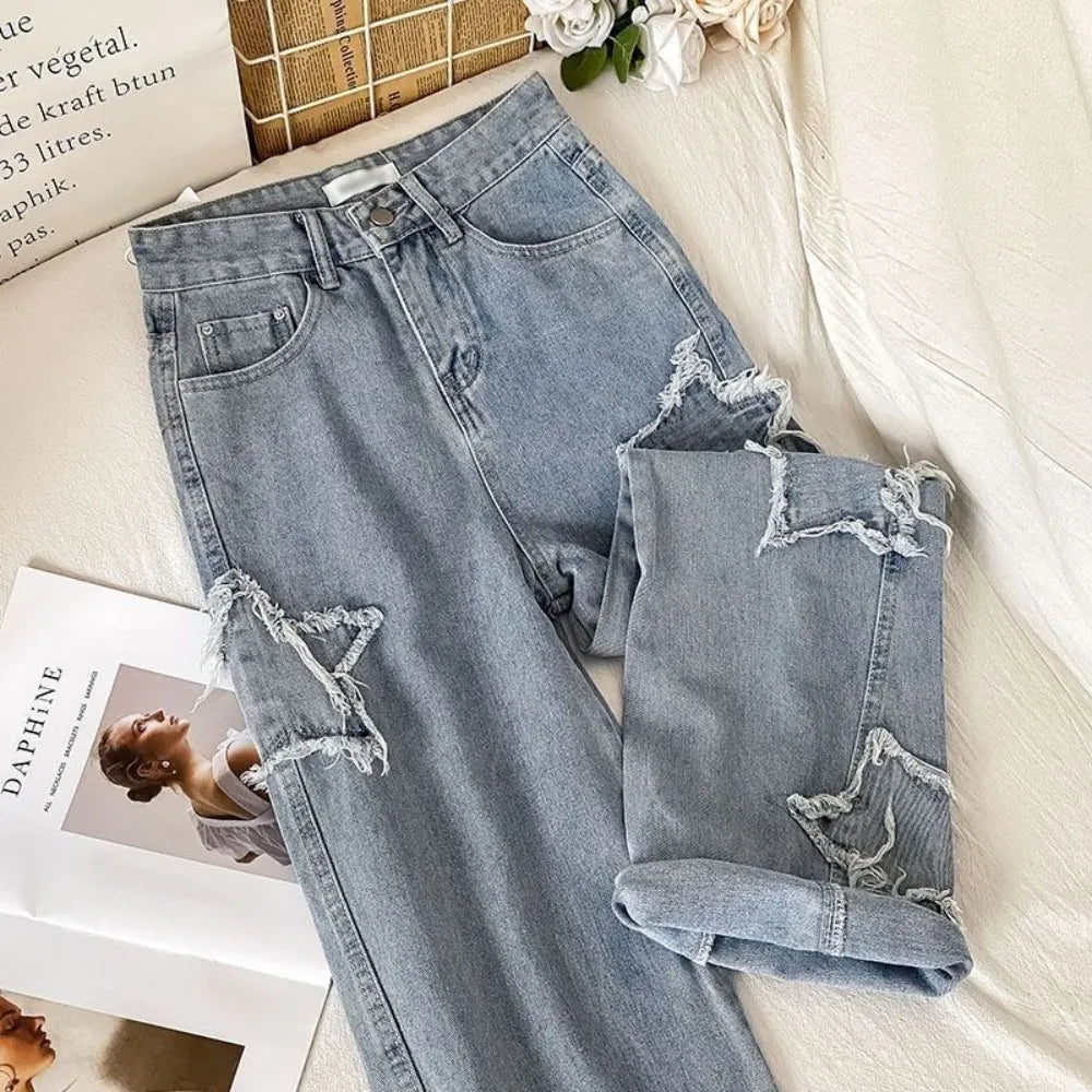 Trendy Korean Denim Jeans for Women - High Waist Straight Leg Loose Fit with Star Design | Spring & Autumn Fashion | Perfect for Casual Wear, Street Style & Daily Outfits