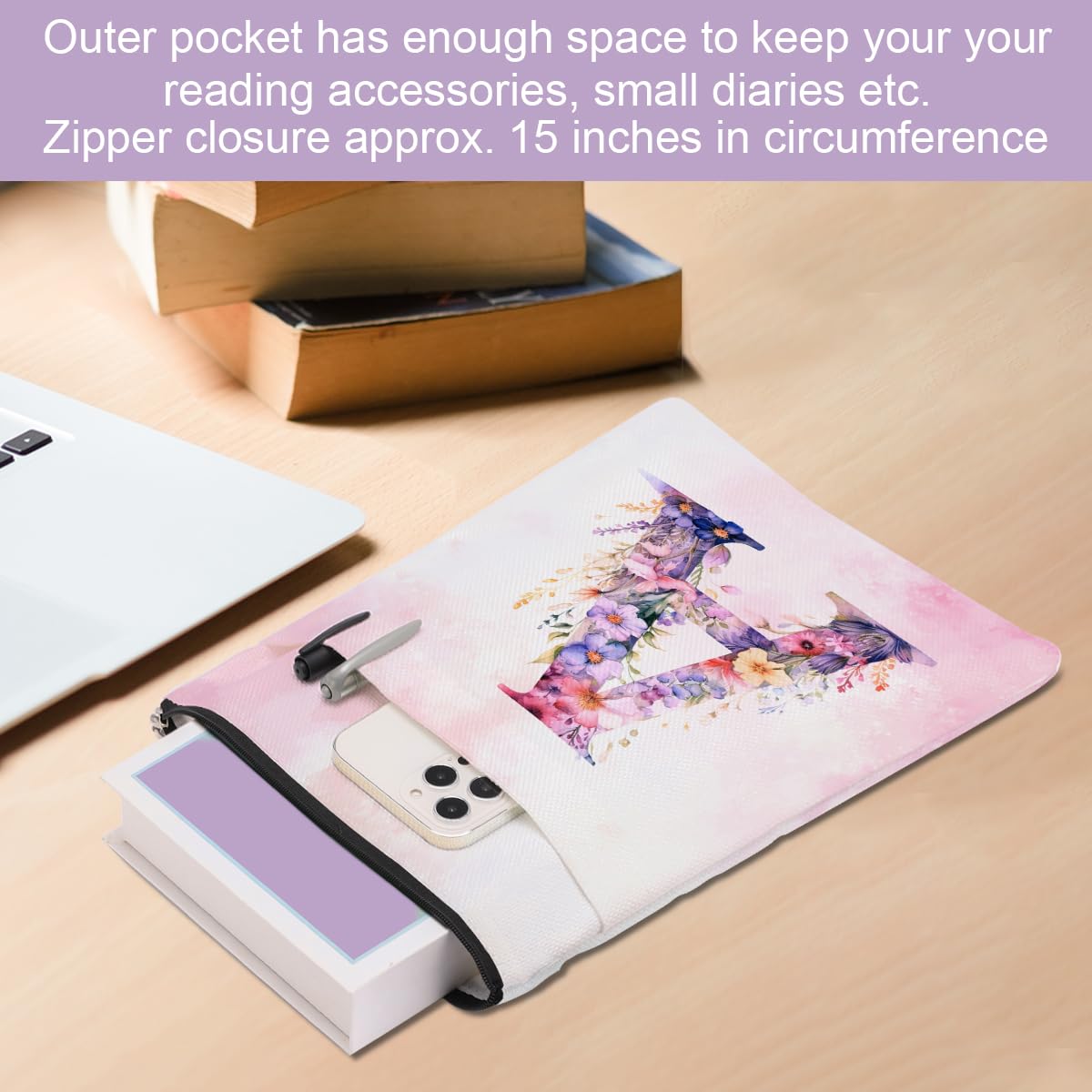 Personalized Floral Book Sleeve with Zipper - Custom Monogrammed Book Cover Protector for Women & Girls | Perfect Gift for Book Lovers, Bridal Showers, Bachelorette Parties, Graduations & Birthdays | Great for Reading, Travel & Daily Book Protection
