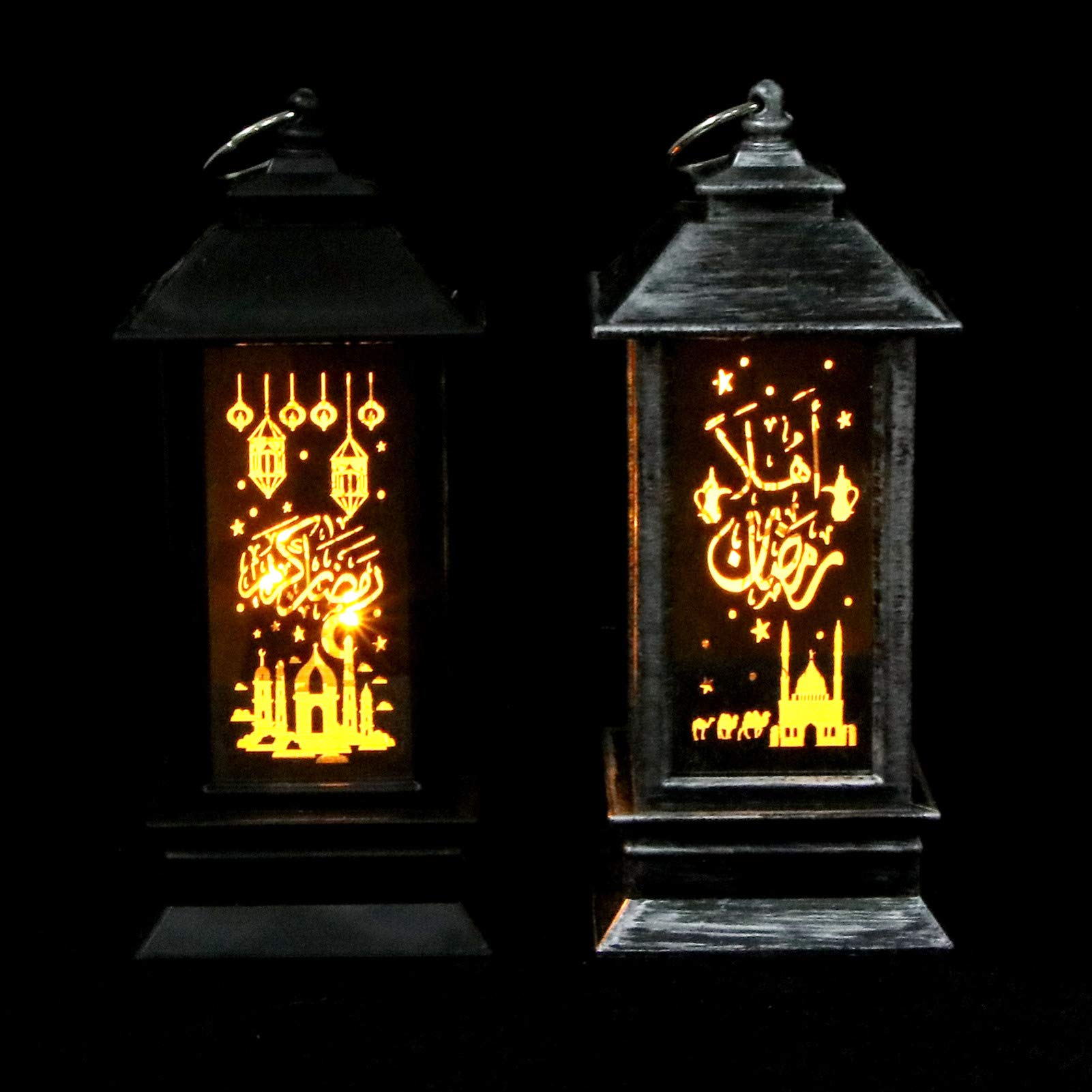DOITOOL 2-Pack Vintage Muslim Ramadan LED Lantern - Eid Mubarak Decorative Wind Lamp with Night Lights for Home Decor, Eid Festival Gifts (Black & Silver) - Perfect for Ramadan Nights, Islamic Celebrations & Home Decoration