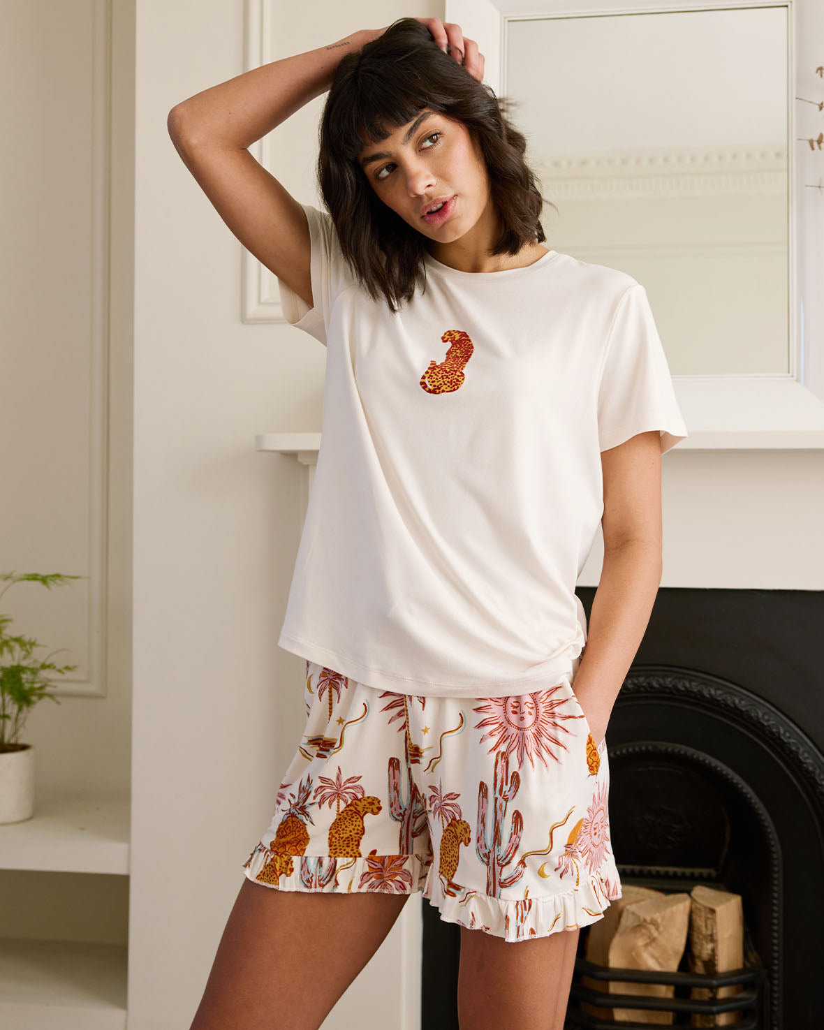 Bohemian Print Short Sleeve T-Shirt & Shorts Pajama Set for Women - Soft Cotton Sleepwear for Summer Nights, Loungewear, and Vacation Travel