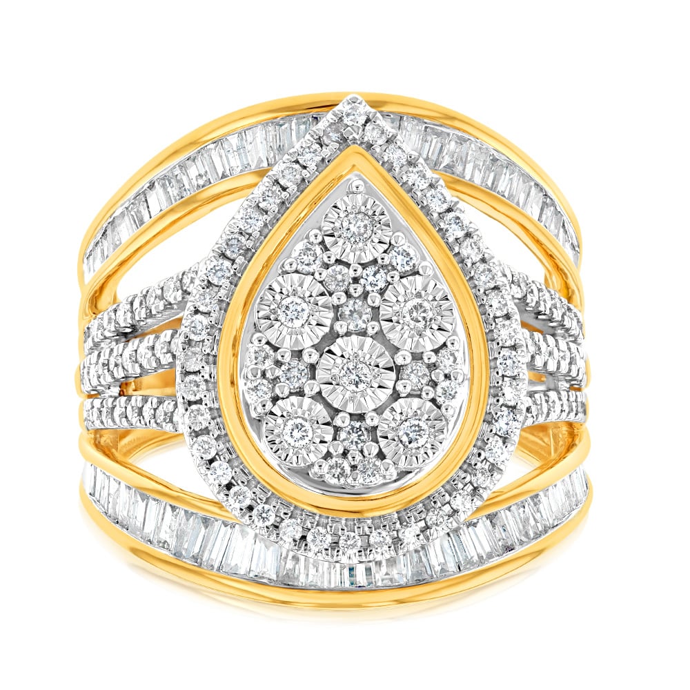 9ct Yellow Gold 1 Carat Diamond Pear Shape Cluster Dress Ring for Women - Elegant Wedding, Engagement & Evening Party Jewelry Gift