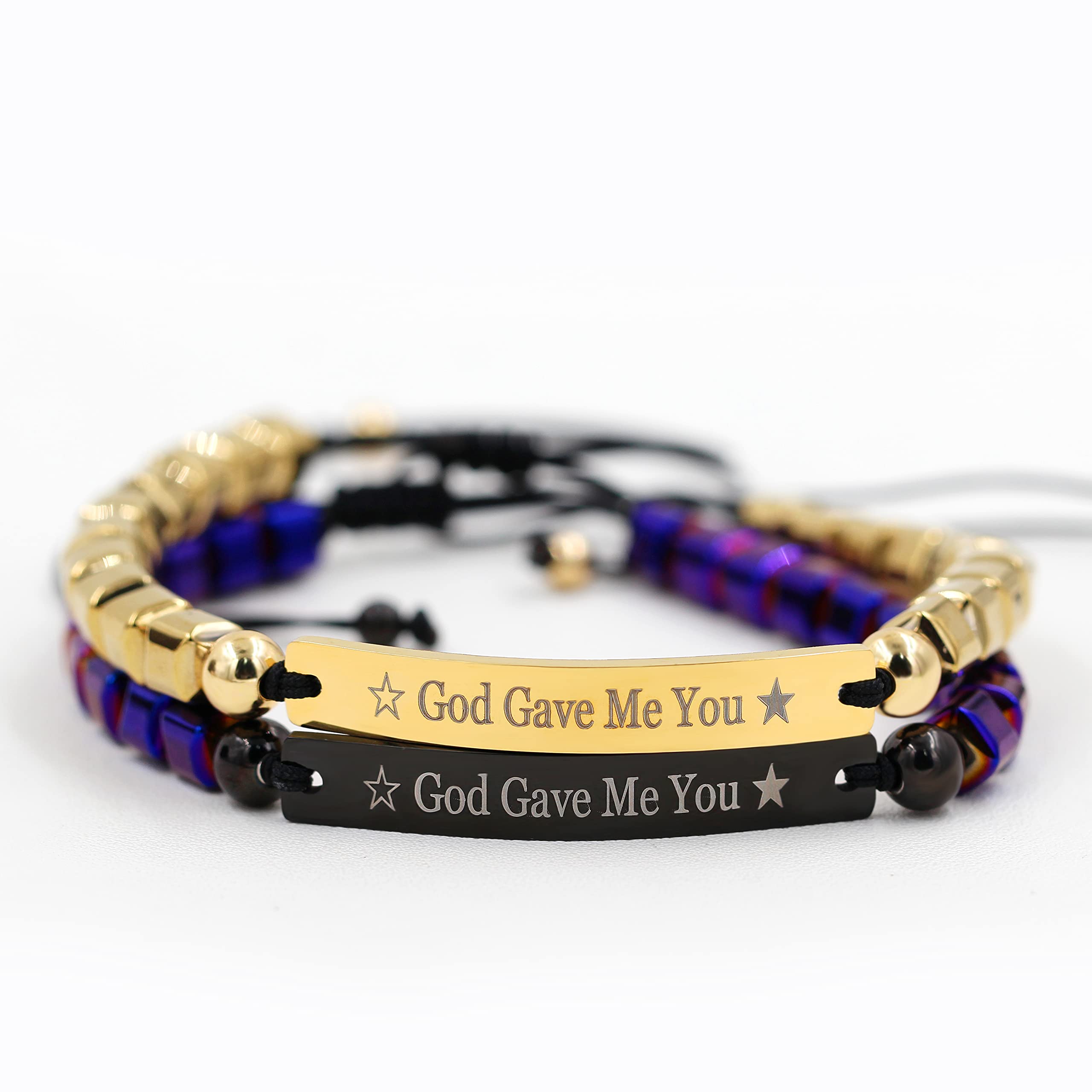 God Gave Me You Couple Bracelet Set - Purple & Gold Hematite Beaded Engraved Bracelets for Men & Women (Y1452) - Perfect for Anniversaries, Valentine's Day & Romantic Gifts