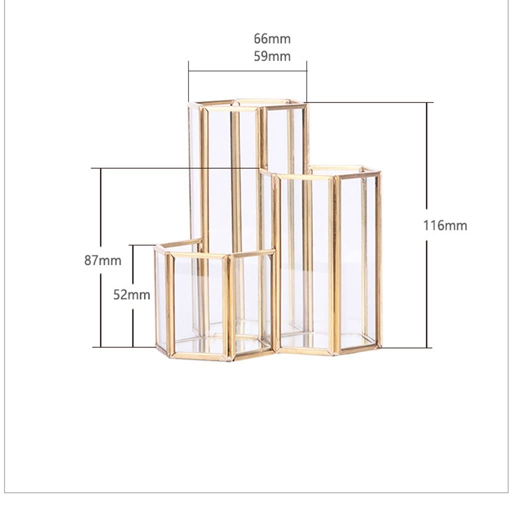 Hexagonal Glass and Copper Pen Holder - Multifunctional Desktop Storage Box for Office, Cosmetic Brushes, and Accessories | Perfect for Home, Office, and Makeup Organizer