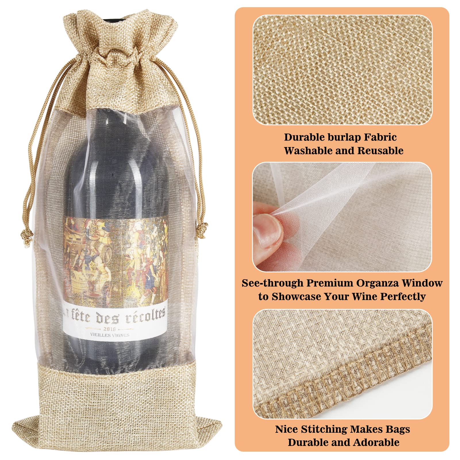 10pcs Burlap Wine Bags with Sheer Window - Hessian Cloth Drawstring Bottle Gift Bags for Christmas, Wedding, Party Favors | Perfect for Holiday Gifting, Wine Bottle Packaging & Special Occasion Presents