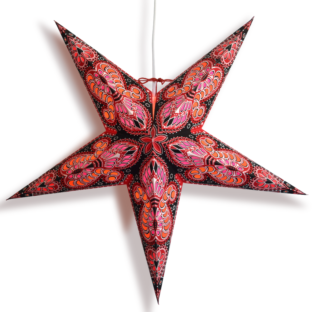 24-Pack Red & Black Peacock Pattern Paper Star Lanterns - Hanging Decorative Lights for Party, Wedding, Festival & Home Decor