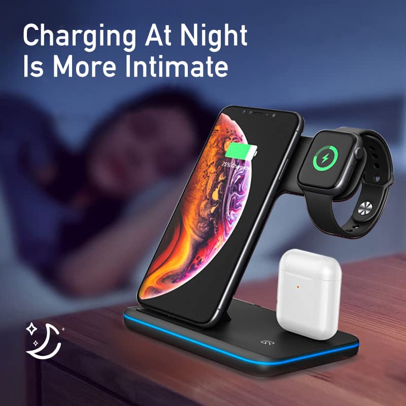 3-in-1 Qi Certified Wireless Charging Station for iPhone 13/12/11/Pro/Max/XS/XR/X, Apple Watch Series 7/6/SE/5/4/3/2 & AirPods Pro/3/2/1 - Fast All-in-One Charger for Bedside, Office & Travel (Z5, Black)