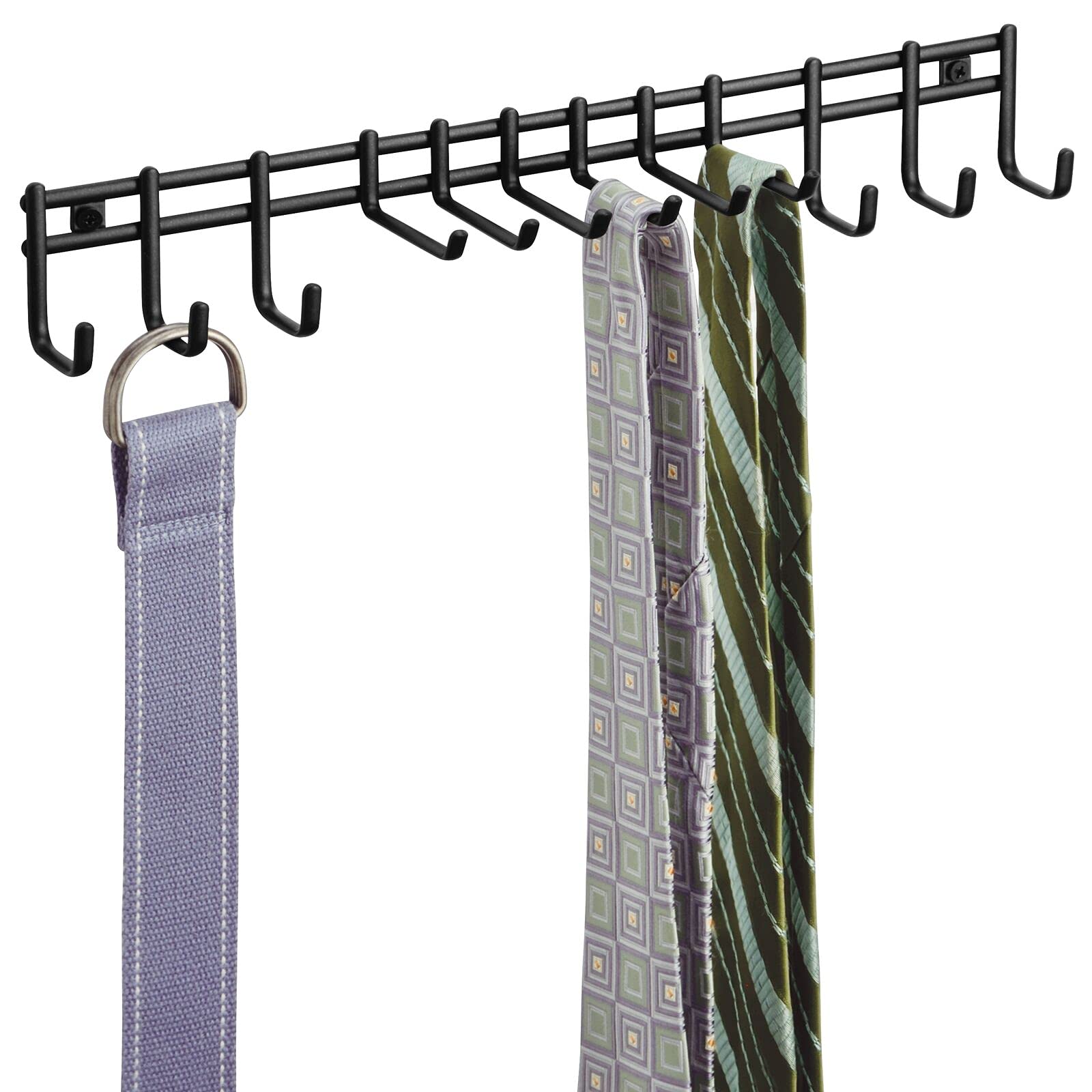 mDesign Wall Mount Metal Accessory Organizer - Slim Space Saving Storage for Ties, Belts, Scarves, Sunglasses & Watches - 12 Hooks, 2 Pack Matte Black - Perfect for Closet, Bedroom & Entryway Organization
