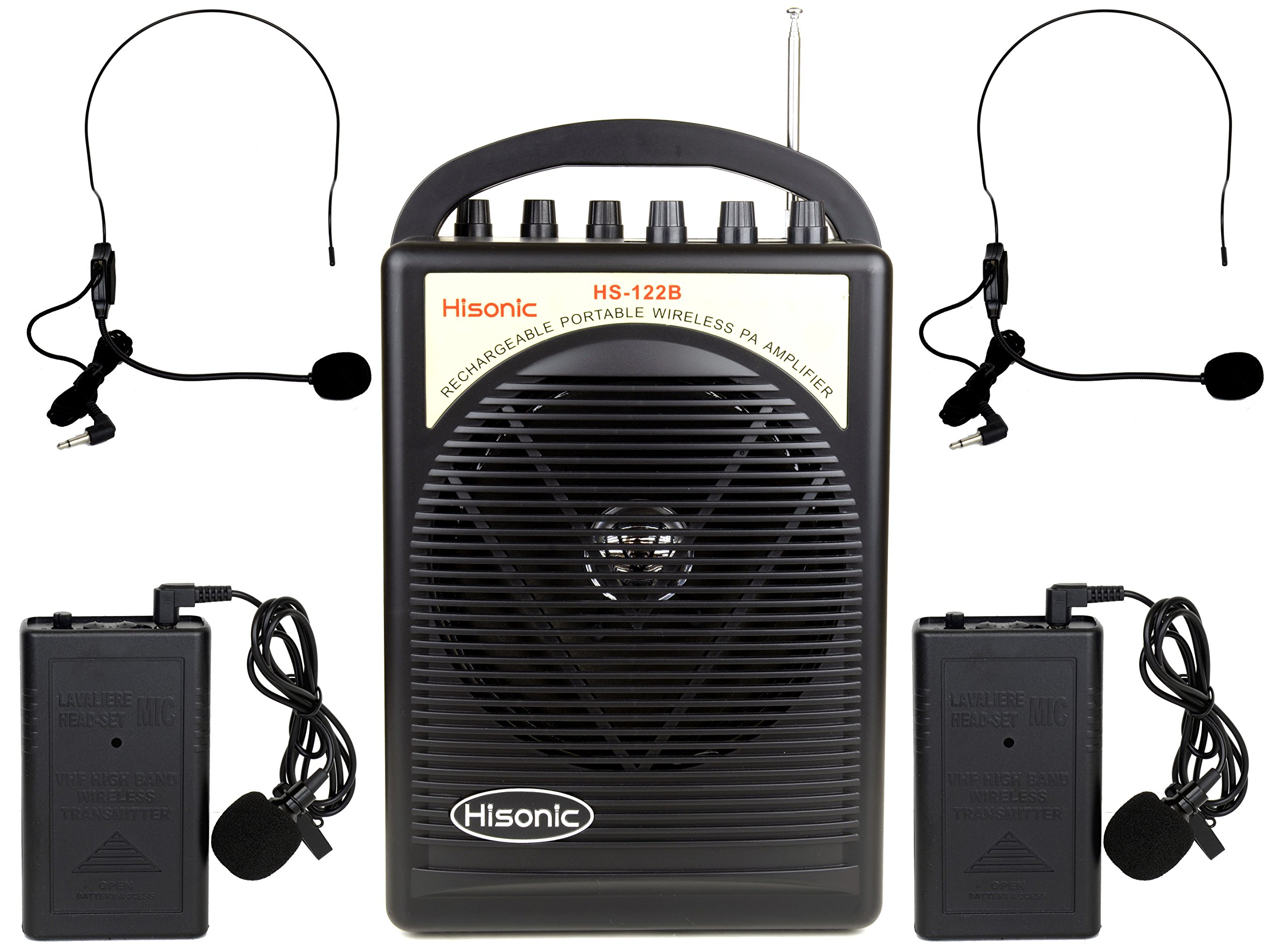 Hisonic HS122B-LL Portable Rechargeable PA System with Dual Wireless Microphones & Car Charger - 200W Battery Powered Speaker for Outdoor Events, Parties, and Public Speaking (2 Belt-Packs, Black)