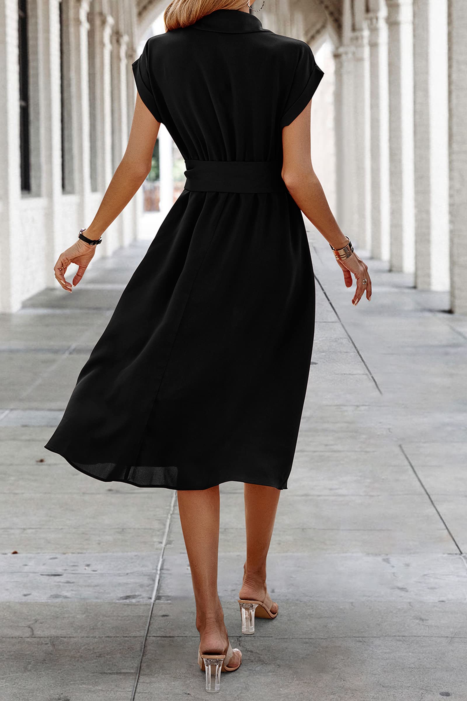 ECOWISH Women's Casual Midi Dress - Solid V-Neck Short Sleeve Button Down Shirt Dress with Belt & Pockets | Spring Summer 2025 Fashion | Perfect for Office, Date Night & Weekend Outings