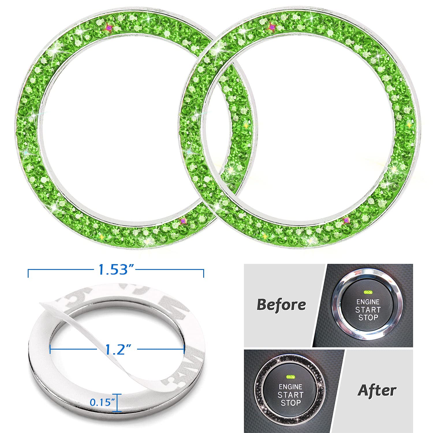 15-Piece Green Rhinestone Car Accessories Set for Women - Crystal Bling Decor, Headrest Rings, Charger, Hooks, Tire Caps & Coasters | Perfect for Car Interior Styling & Gift Giving