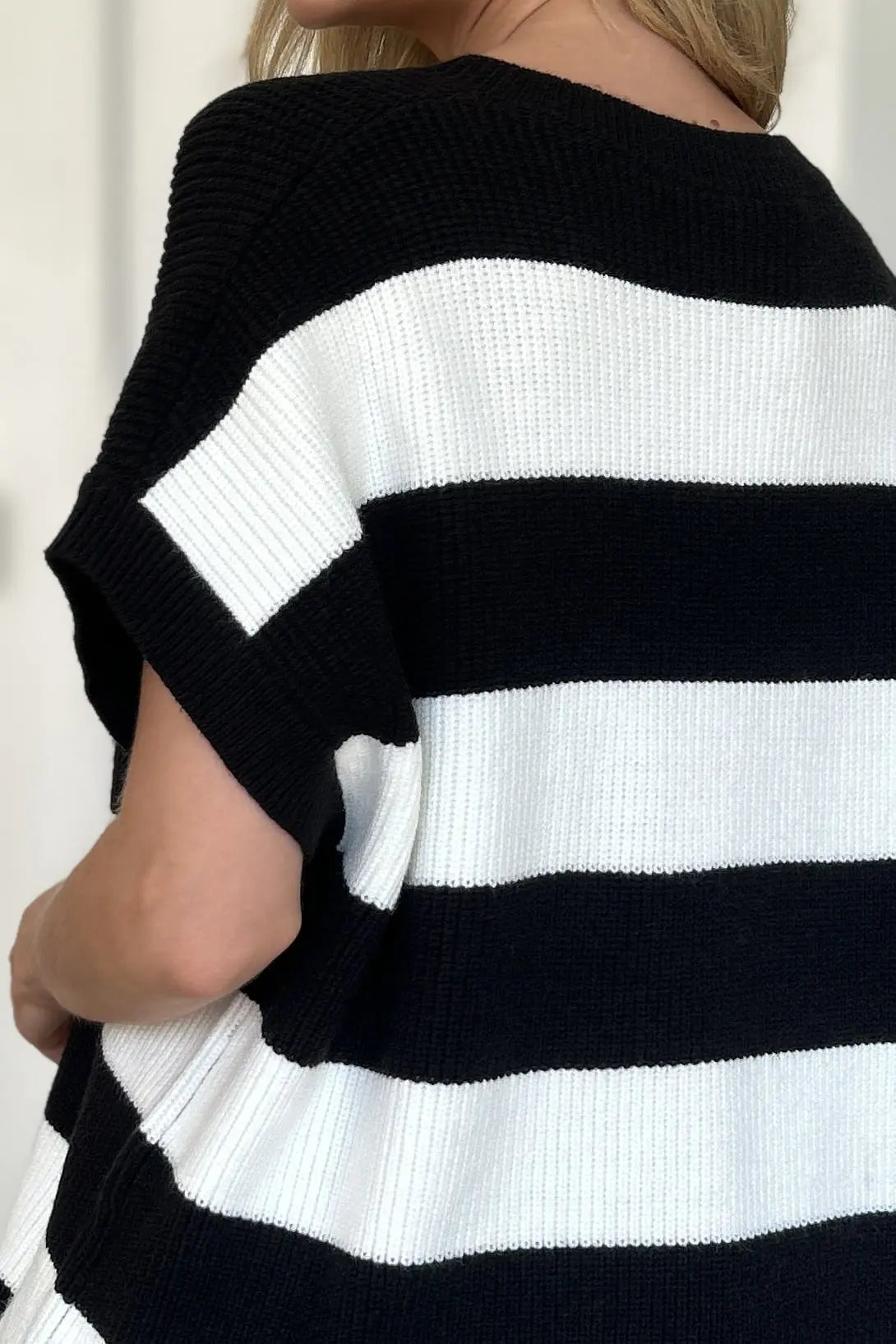 Double Take Full Size Striped V Neck Short Sleeve Sweater for Women - Soft Knit Pullover Casual Top for Spring & Summer Outfits | Office Wear, Date Night, Weekend Brunch