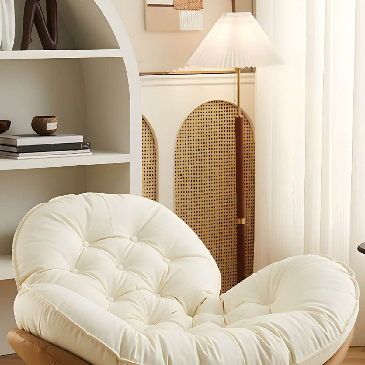 Modern Faux Leather Beige Upholstered Rocking Chair with Spindle Back & Natural Wood Legs - Cozy Nursery, Living Room or Bedroom Accent Chair for Relaxing & Nursing