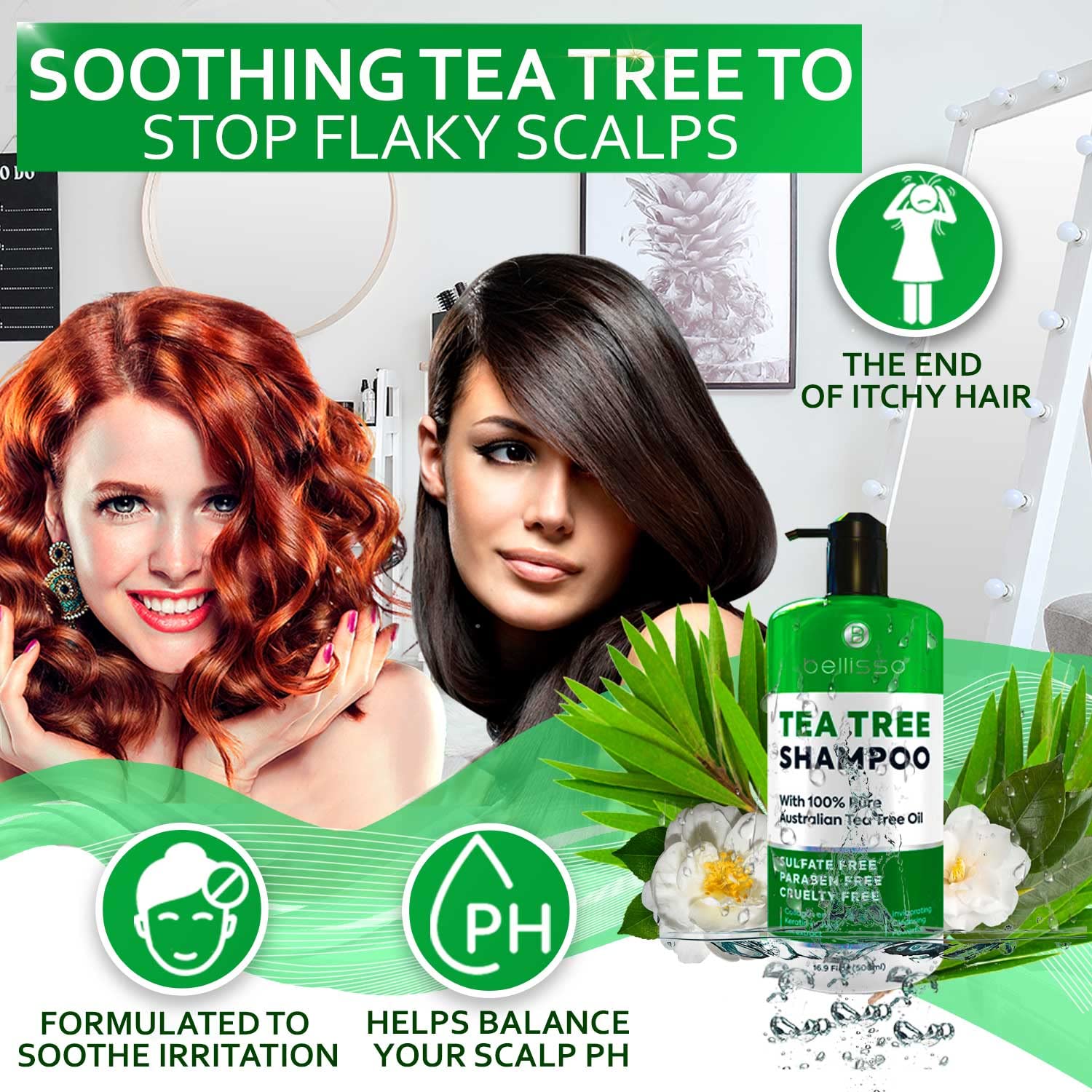 BELLISSO Tea Tree Oil Shampoo & Conditioner Set - Natural Scalp Care for Dandruff & Itchy Scalp - Perfect for Daily Hair Wash & Scalp Refreshment