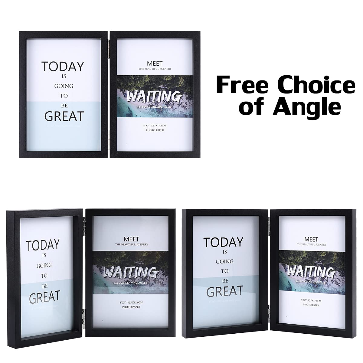 5x7 Double Picture Frames - Hinged MDF Wood with Real Glass - Tabletop Vertical Standing Photo Frame in Black - Perfect for Displaying Family Photos, Wedding Pictures, and Home Decor