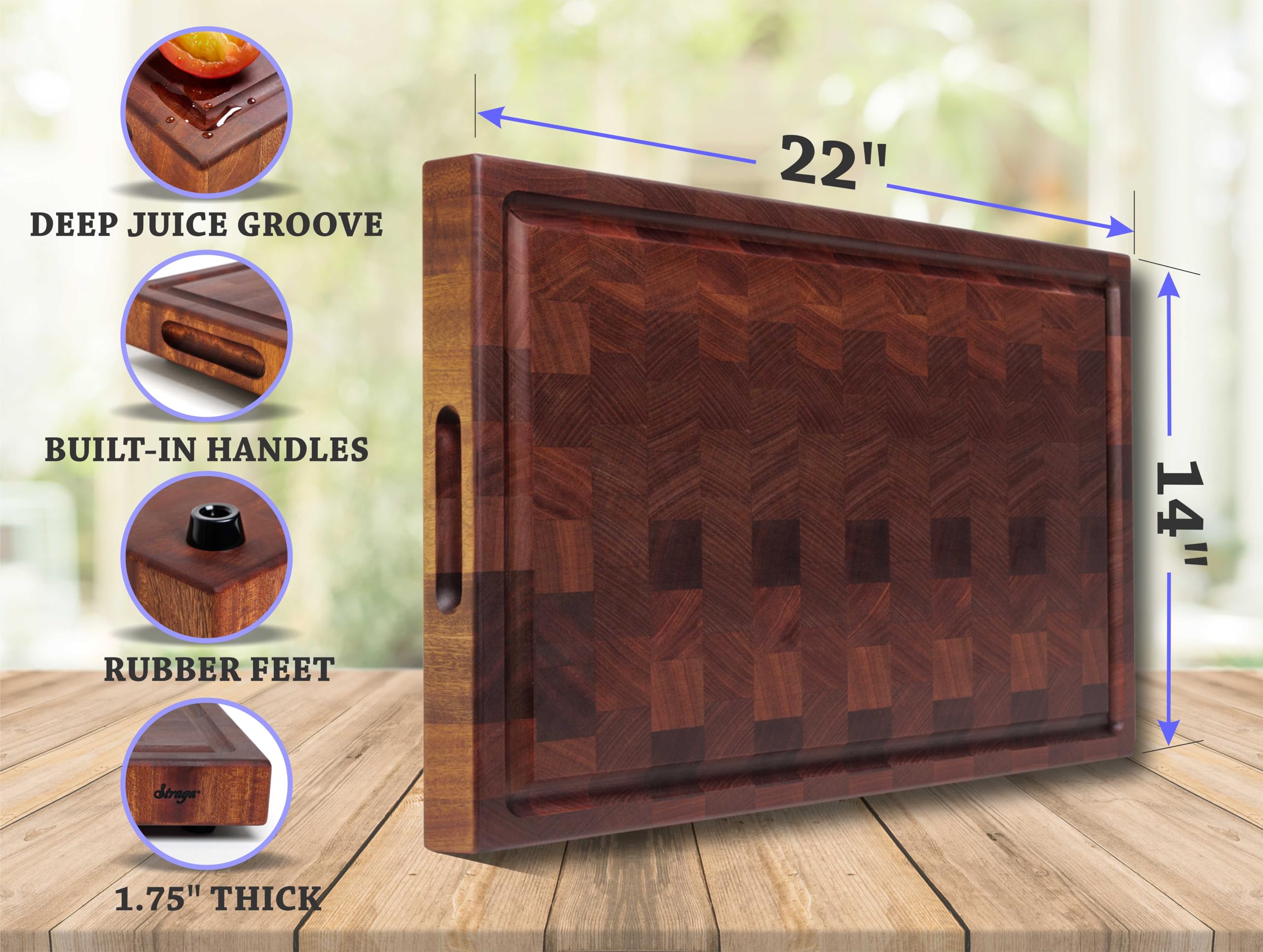 Premium Handmade Reversible End Grain Mahogany Cutting Board - Heavy Duty Chopping Block with Non-Slip Feet, Juice Groove & Built-in Handles - Perfect for Meat, Cheese, Vegetables & Charcuterie - Ideal for Kitchen, BBQ, Camping & Outdoor Cooking (22