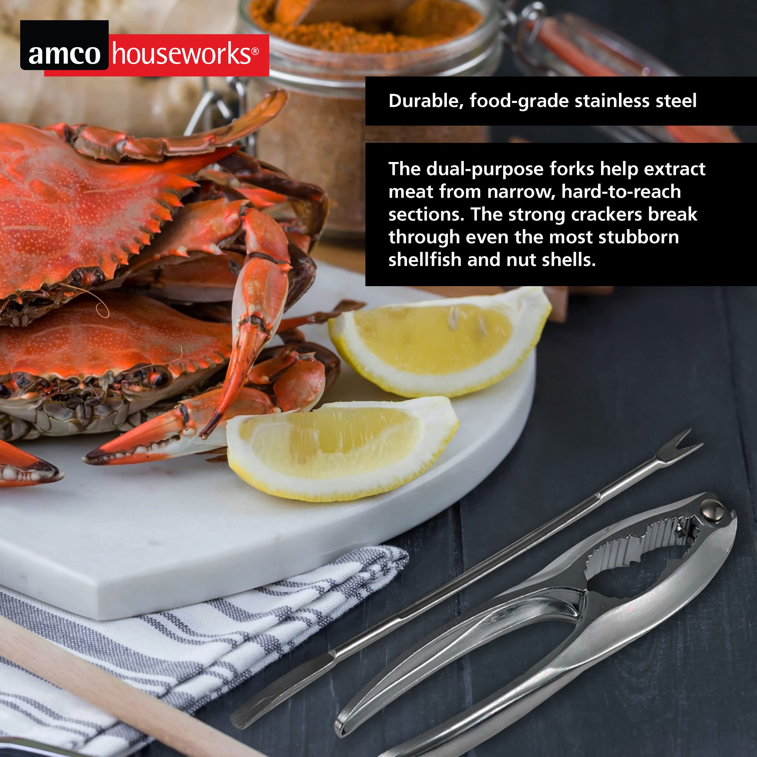 Amco Premium Stainless Steel Seafood Tool Set - 3-Piece Crab & Lobster Cracker, Shellfish Scissors, Nut Cracker - Durable Kitchen Utensils for Cracking Shells, Shrimp, Nuts - Perfect for Seafood Restaurants, Home Cooking, Beach Parties & Outdoor BBQs