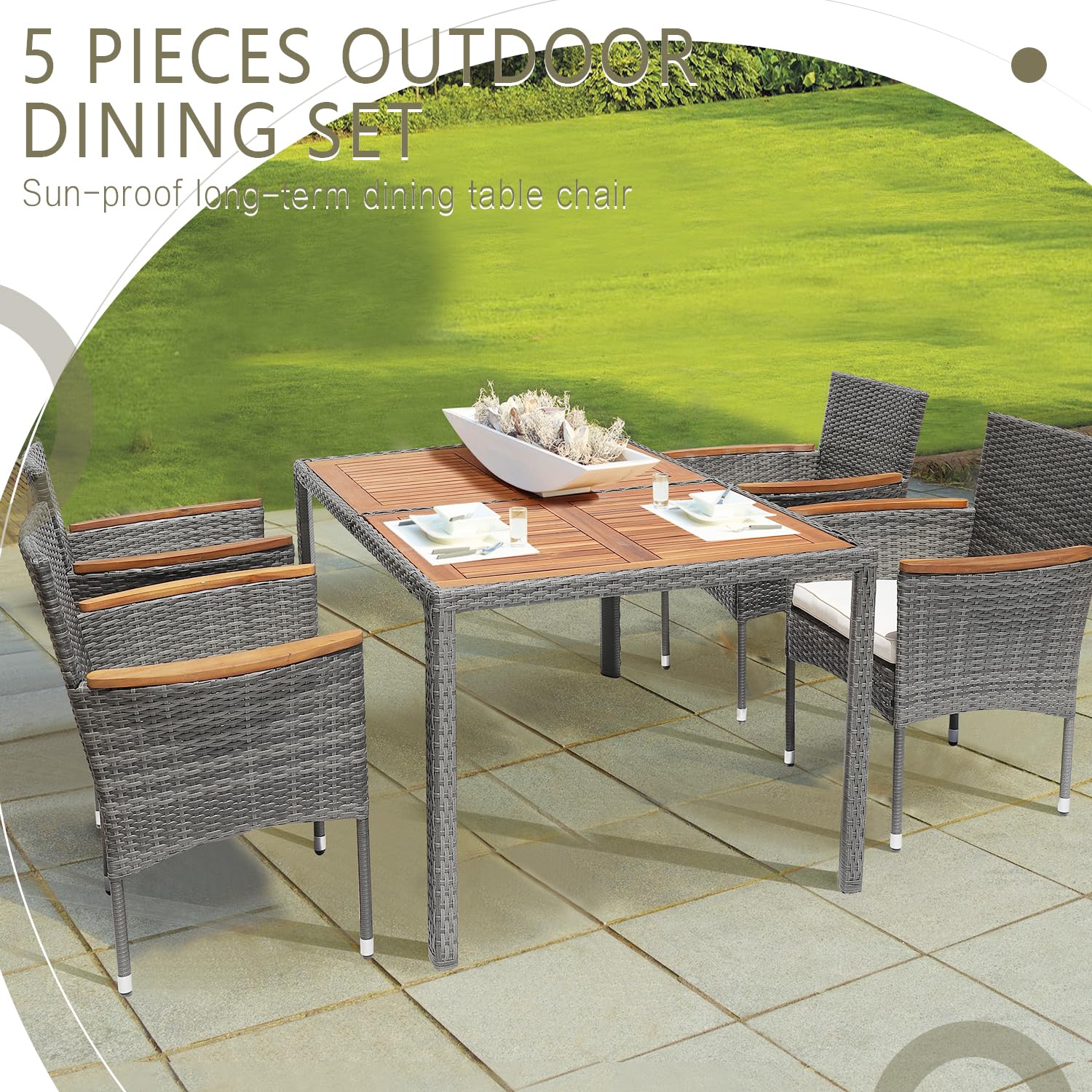 5-Piece Outdoor Patio Dining Set with Table and 6 Chairs - Waterproof Grey Patio Furniture for Backyard, Garden, Poolside & Deck - Perfect for Outdoor Entertaining & Relaxation