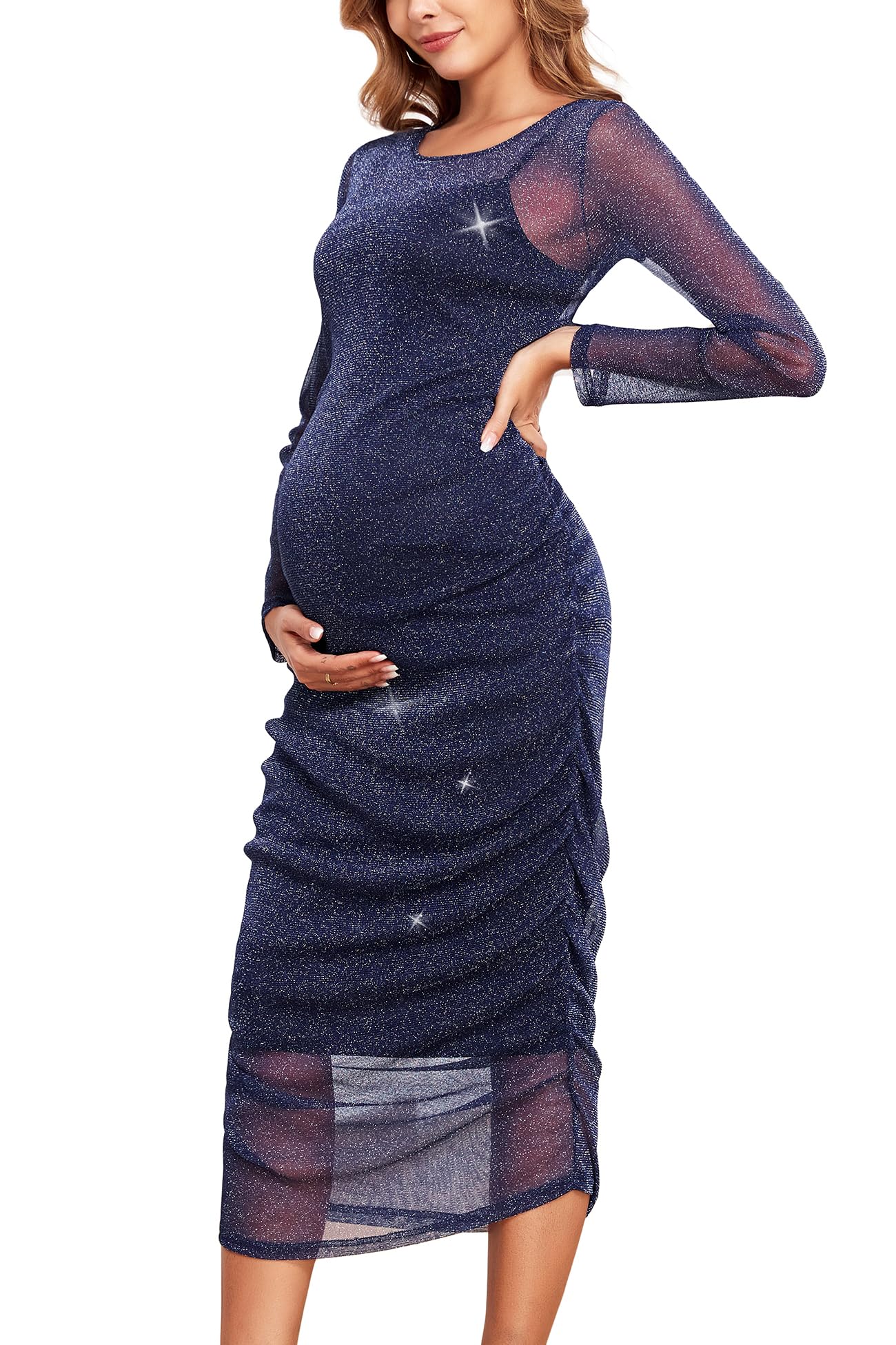 CYCLAMEN 2024 Maternity Mesh Dress with Ruched Sides & Round Neck - Pregnancy, Baby Shower, Wedding Guest & Cocktail Party Outfit - Perfect for Special Occasions & Photo Shoots