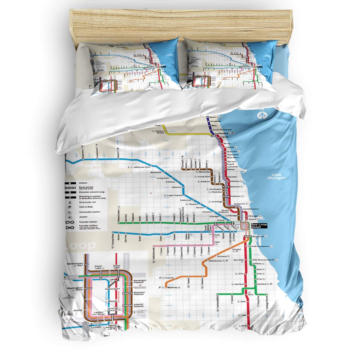 Chicago Rail Layout Map Duvet Cover Set Queen Size - 4pc Microfiber Lightweight Bedding with Zipper Closure, All Season Soft Comforter Cover + Sheet + 2 Pillow Shams | Perfect for Train Enthusiasts & Modern Home Decor