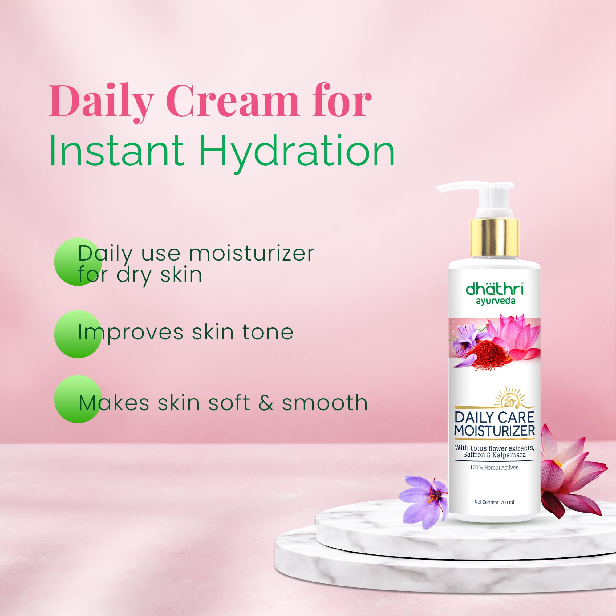 Dhathri Daily Moisturizing Lotion with SPF 20+ for Soft & Smooth Skin | Deep Nourishment & Hydration | Paraben-Free & Chemical-Free | 200ml | Perfect for Daily Skincare Routine & Sun Protection