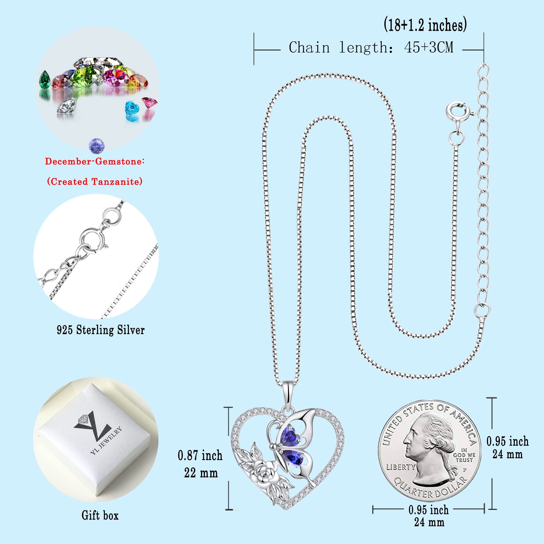 YL Women's Butterfly Necklace - 925 Sterling Silver Flower Rose Pendant with Birthstone Halo | Elegant Jewelry for Birthdays, Anniversaries & Special Occasions