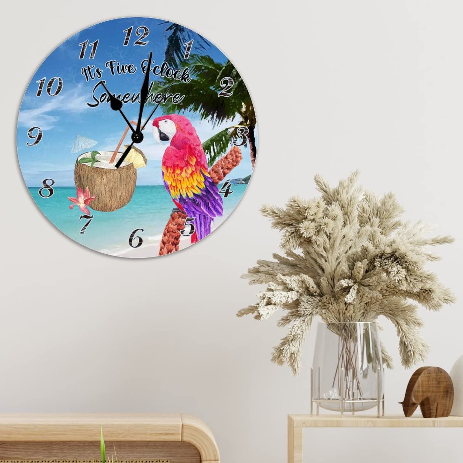 10 Inch Tropical Coconut Parrot Toucan Floral Wall Clock - Silent Battery Operated Wooden Wall Clock with Hawaii Flower Bird Design - Perfect for Beach House Decor, Living Room, Bedroom & Summer Themed Spaces