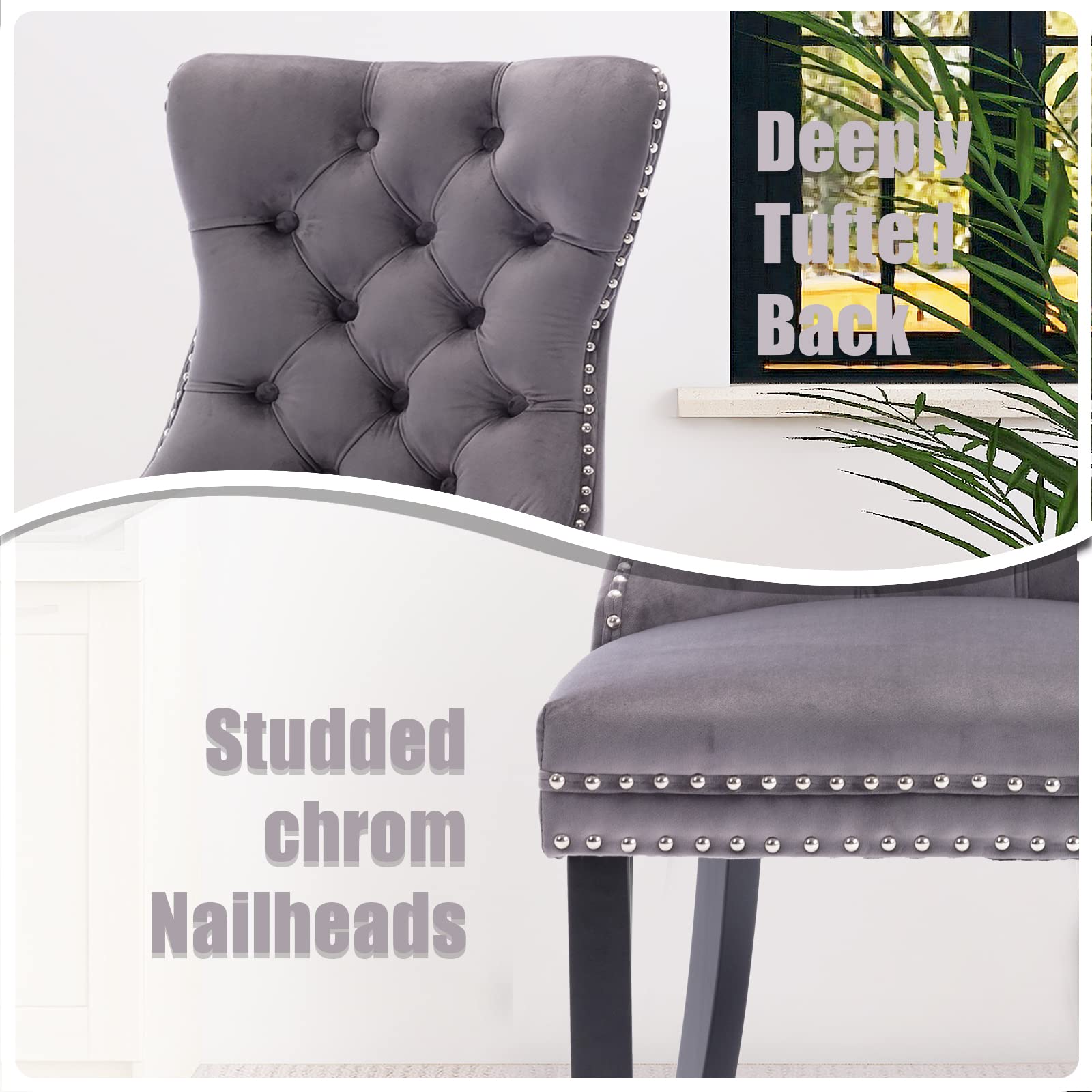 SoarFlash 6-Piece Velvet Dining Chairs Set - Modern Upholstered Tufted High Back Side Chairs with Button Back Ring & Solid Wood Legs, Gray - Perfect for Dining Room, Kitchen, Restaurant and Home Decor