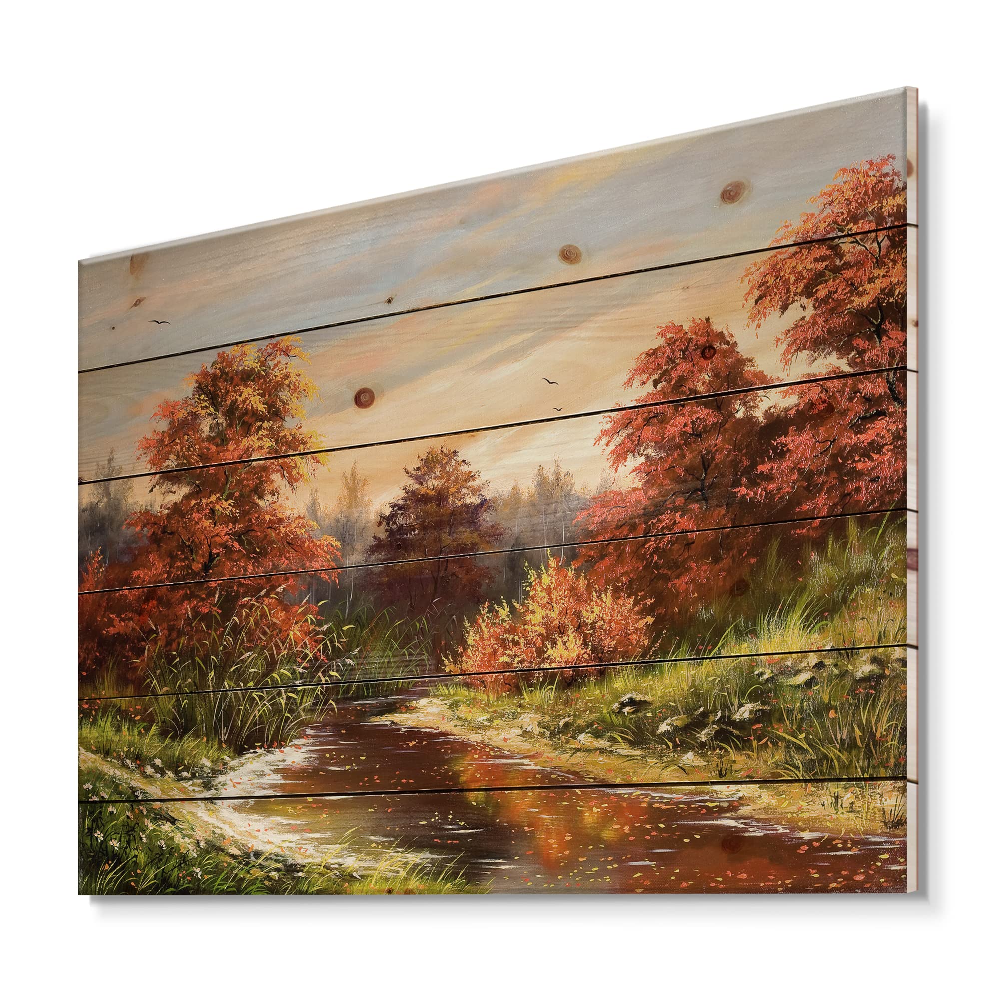 DesignQ Orange Autumn Lake House Wood Wall Decor - Large Landscape Wood Panel Art Printed on Natural Pine - Rustic Cabin, Farmhouse & Living Room Wall Art for Cozy Home Decor