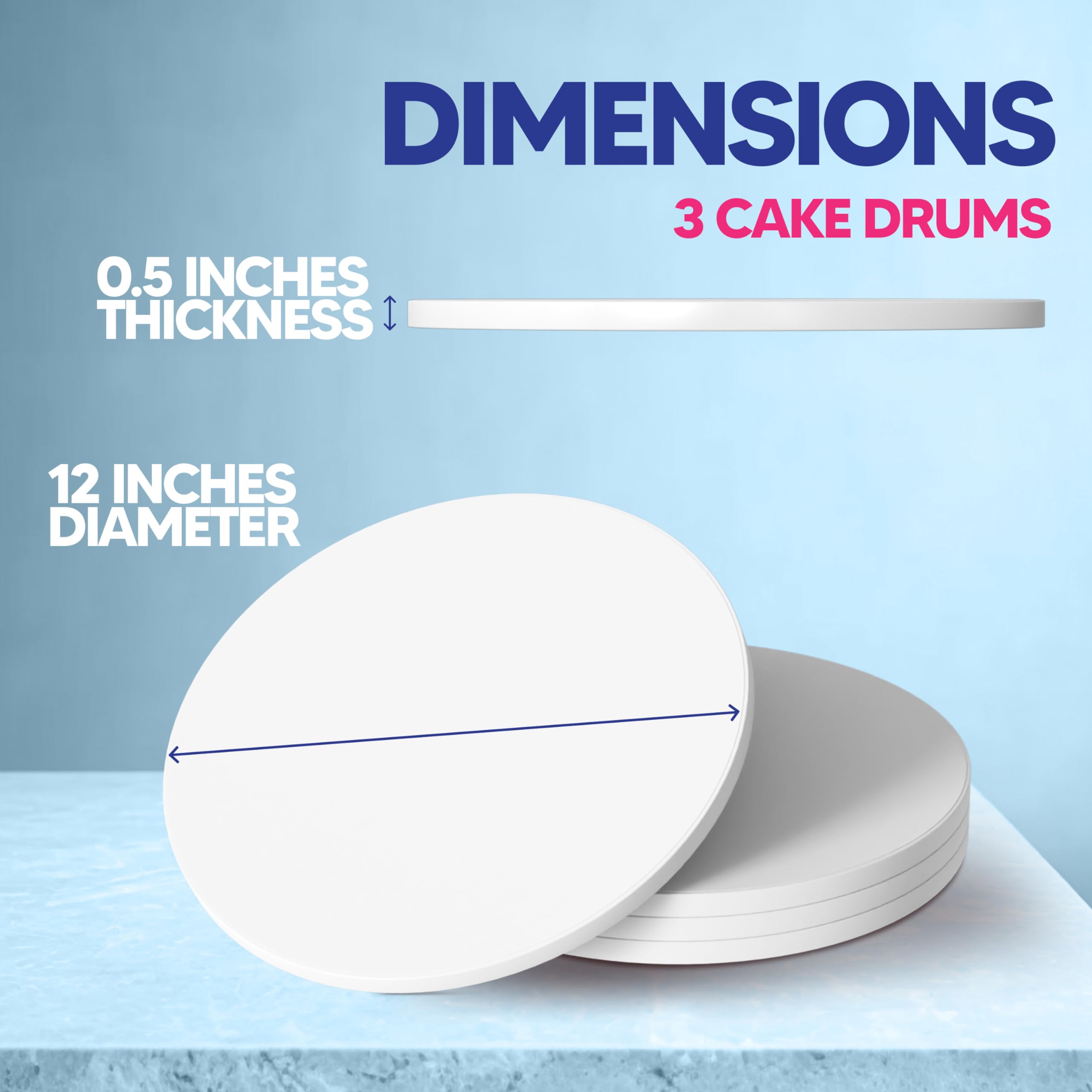 RICCLE 12 Inch Round Cake Drum Boards - Sturdy, Bend-Resistant Multi-Layered Cake Base for Professional Baking & Decorating | Smooth-Edged for Minimalist Displays | Perfect for Wedding Cakes, Birthday Parties & Dessert Displays (Pack of 3)