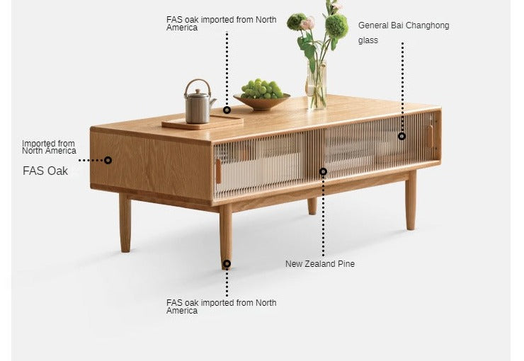 Solid Oak and Beech Wood Coffee Table with Glass Doors - Modern Living Room Furniture for Home Decor and Entertainment