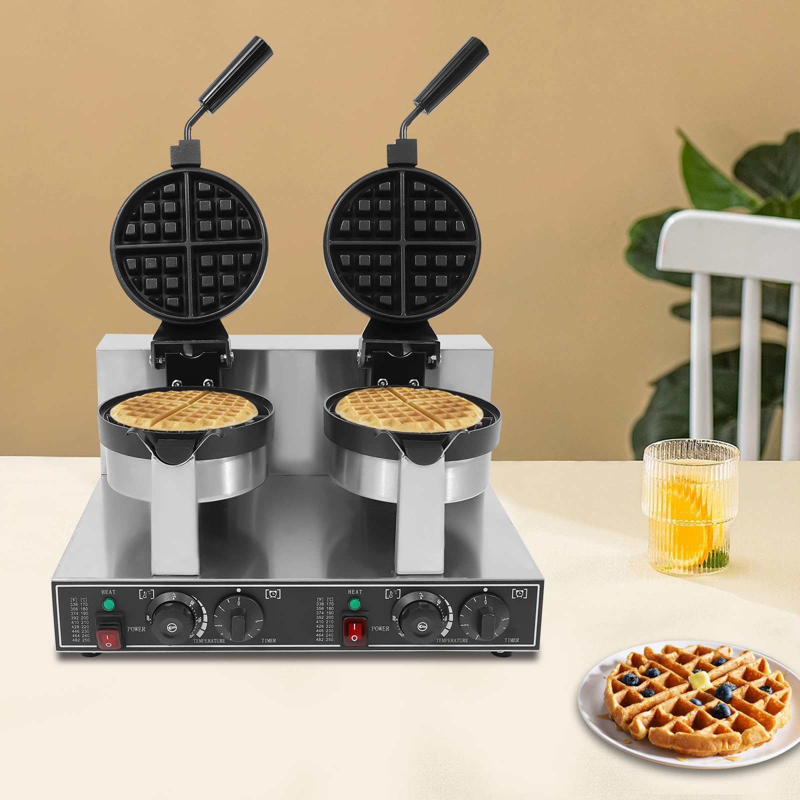 2400W Commercial Dual-head Belgian Waffle Maker - Adjustable Temperature & Timer, Stainless Steel Waffle Iron with Non-Stick Coating - Ideal for Restaurants, Bakeries, Breakfast Buffets, Cafes, and Home Kitchen Use