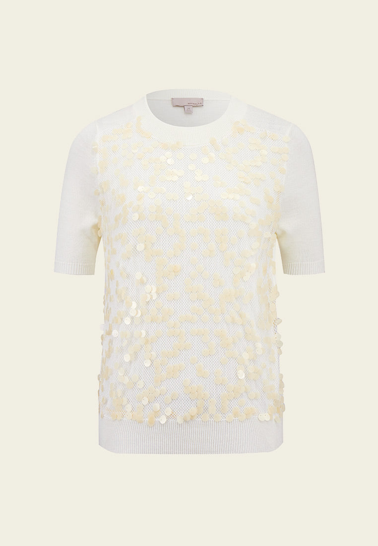 Sparkly White Sequin Short Sleeve Knit Top for Women - Perfect for Parties, Night Out & Holiday Celebrations